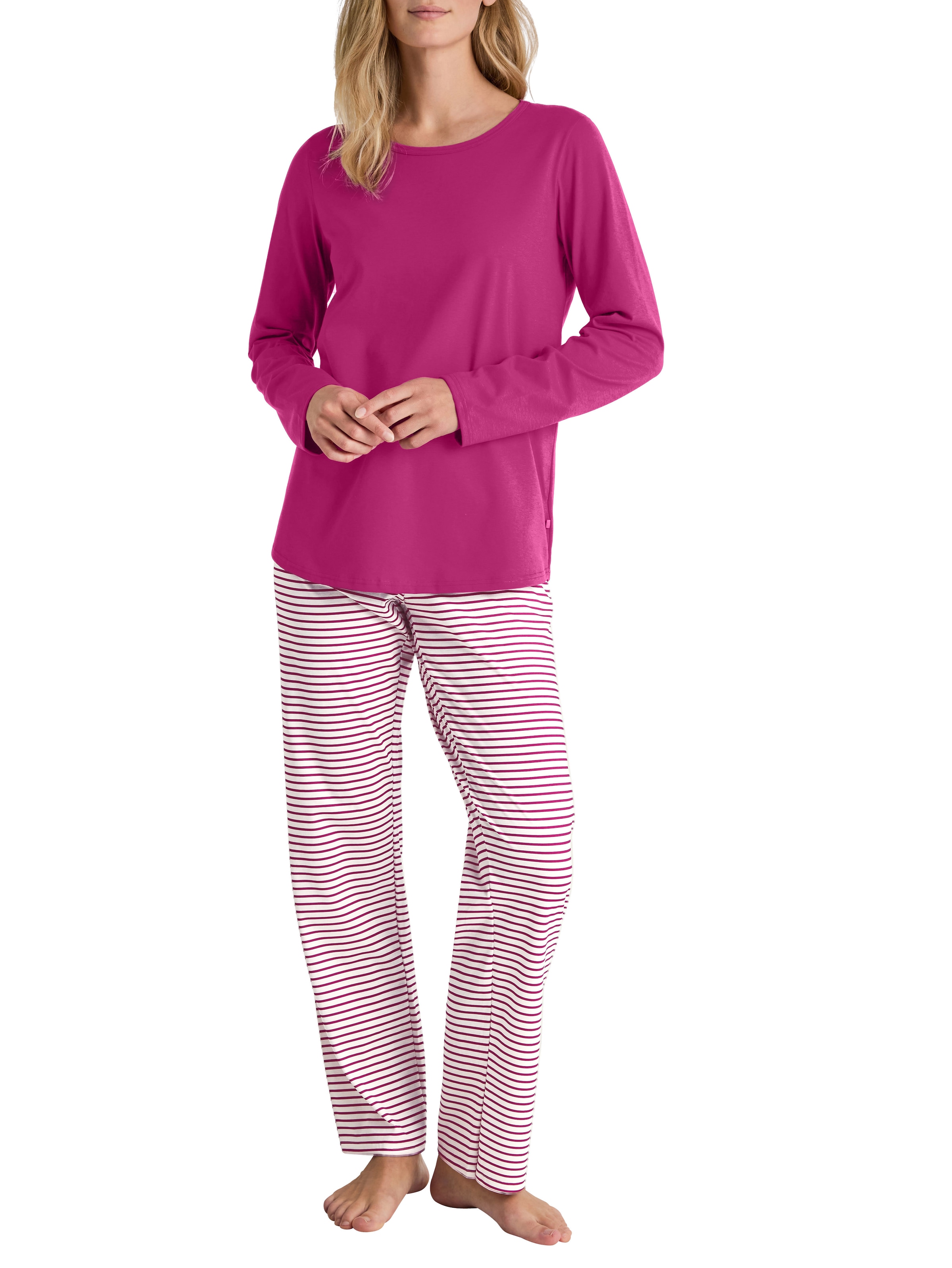 CALIDA Pyjama 2 Rundhalsausschnitt, langarm, Oberteil uni, Hose mit Streifen