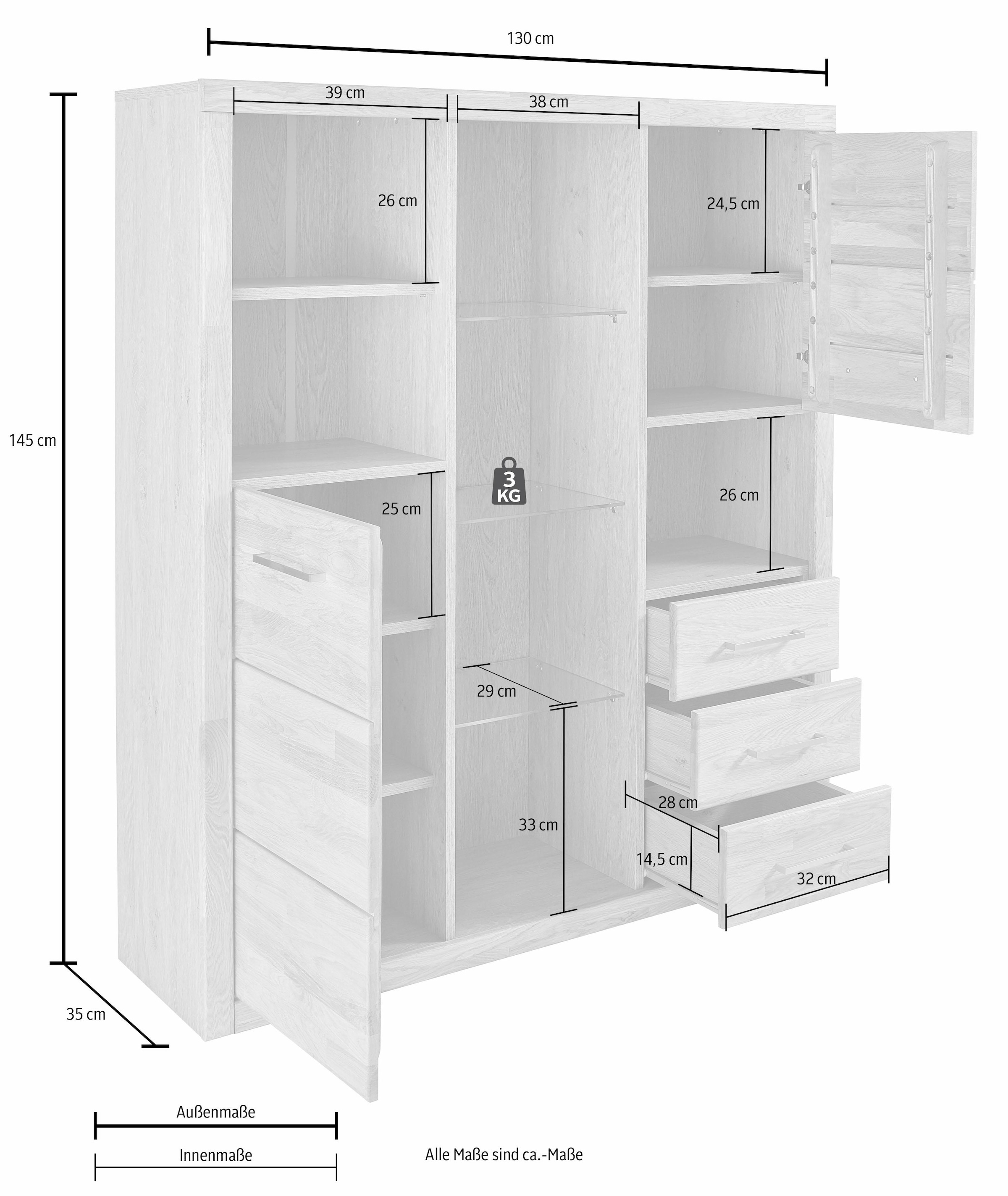 GOODproduct Highboard »Ribe,130cm breit145cm hoch,Fronten Massivholz,12 Fächer« Korpus  aus Holzwerkstoff, Metall Griffe,Böden versetzbar