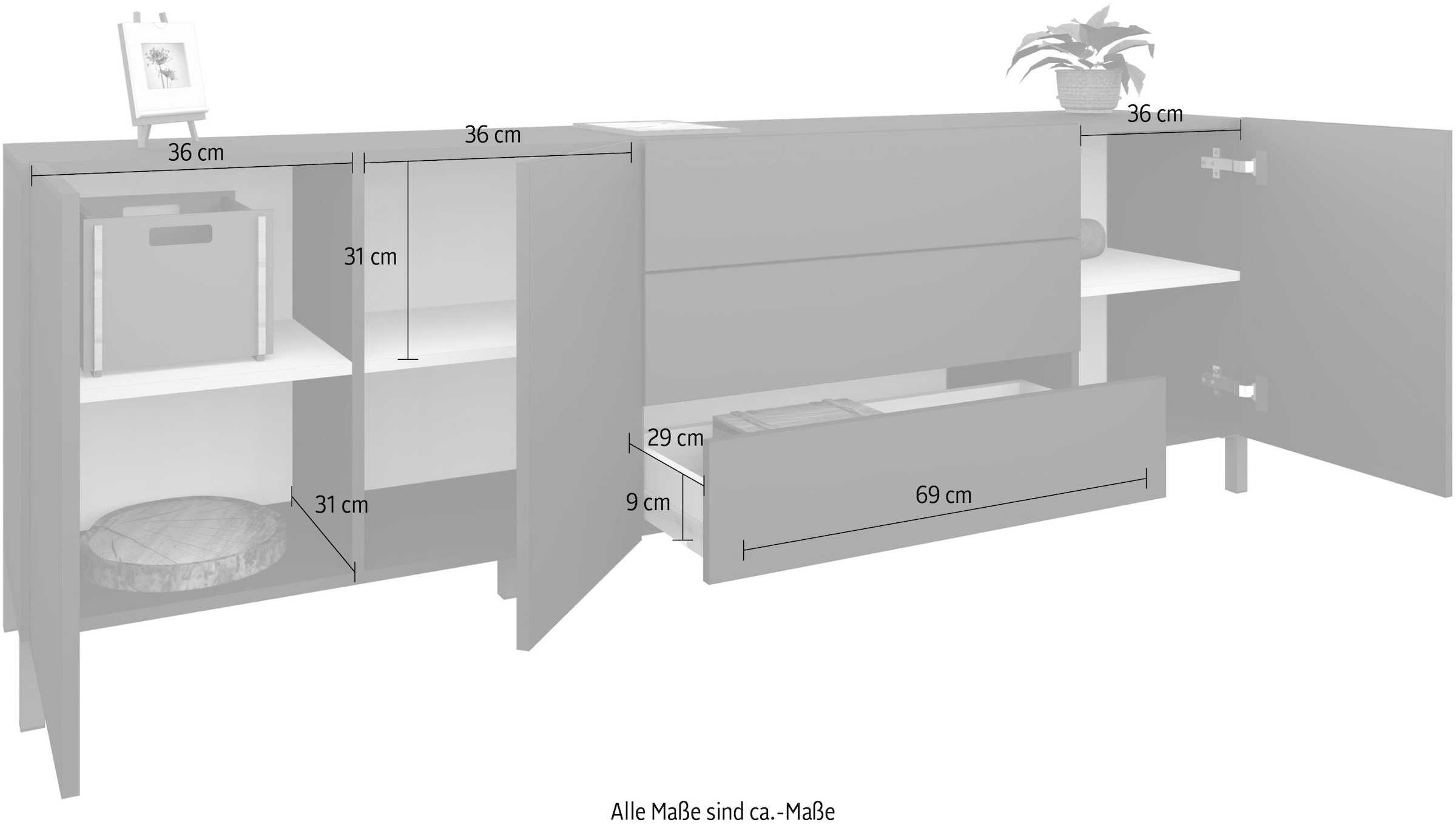 borchardt Möbel Buffet »Sophia, Grifflos mit schwarzen Metallfüssen« 152 oder 190cm, viel Stauraum, grifflos, praktisch, mehrere Grössen