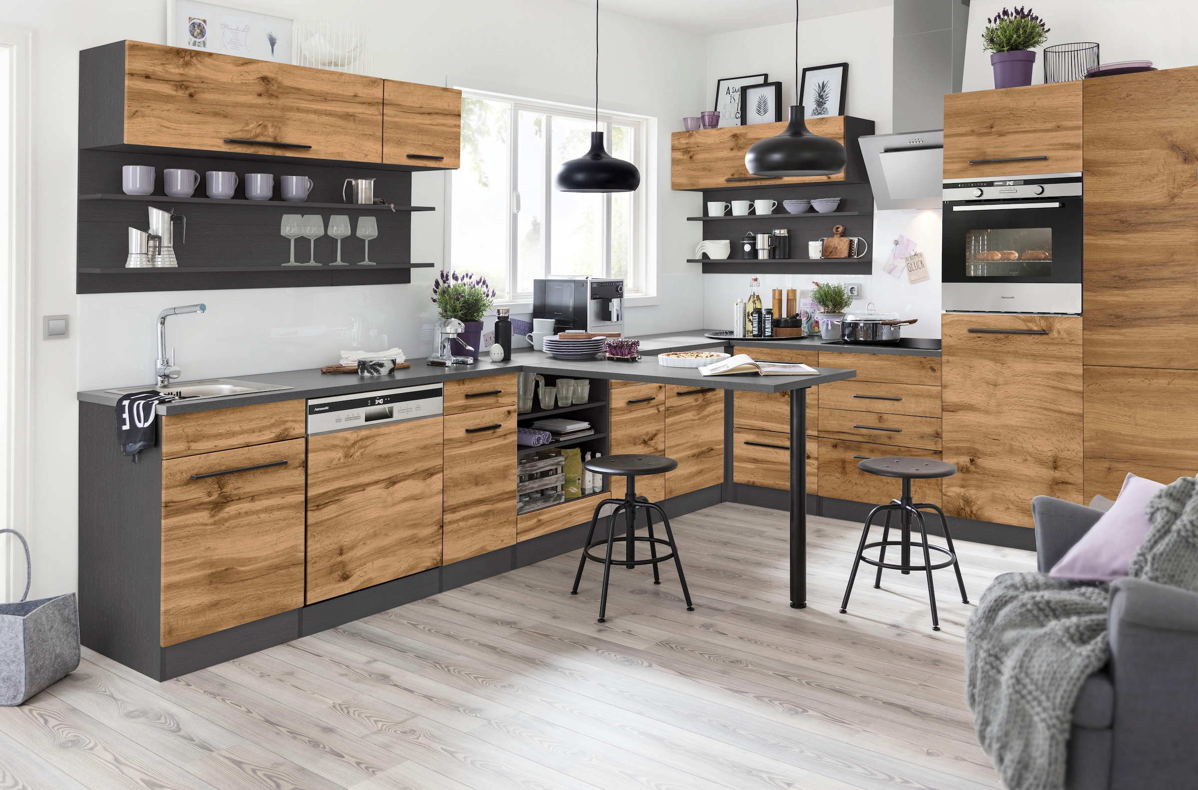 KOCHSTATION Armoire d'encastrement pour table de cuisson »KS-Tulsa« 60 cm de large, 2 tiroirs, 1 grand tiroir, poignée en métal noir