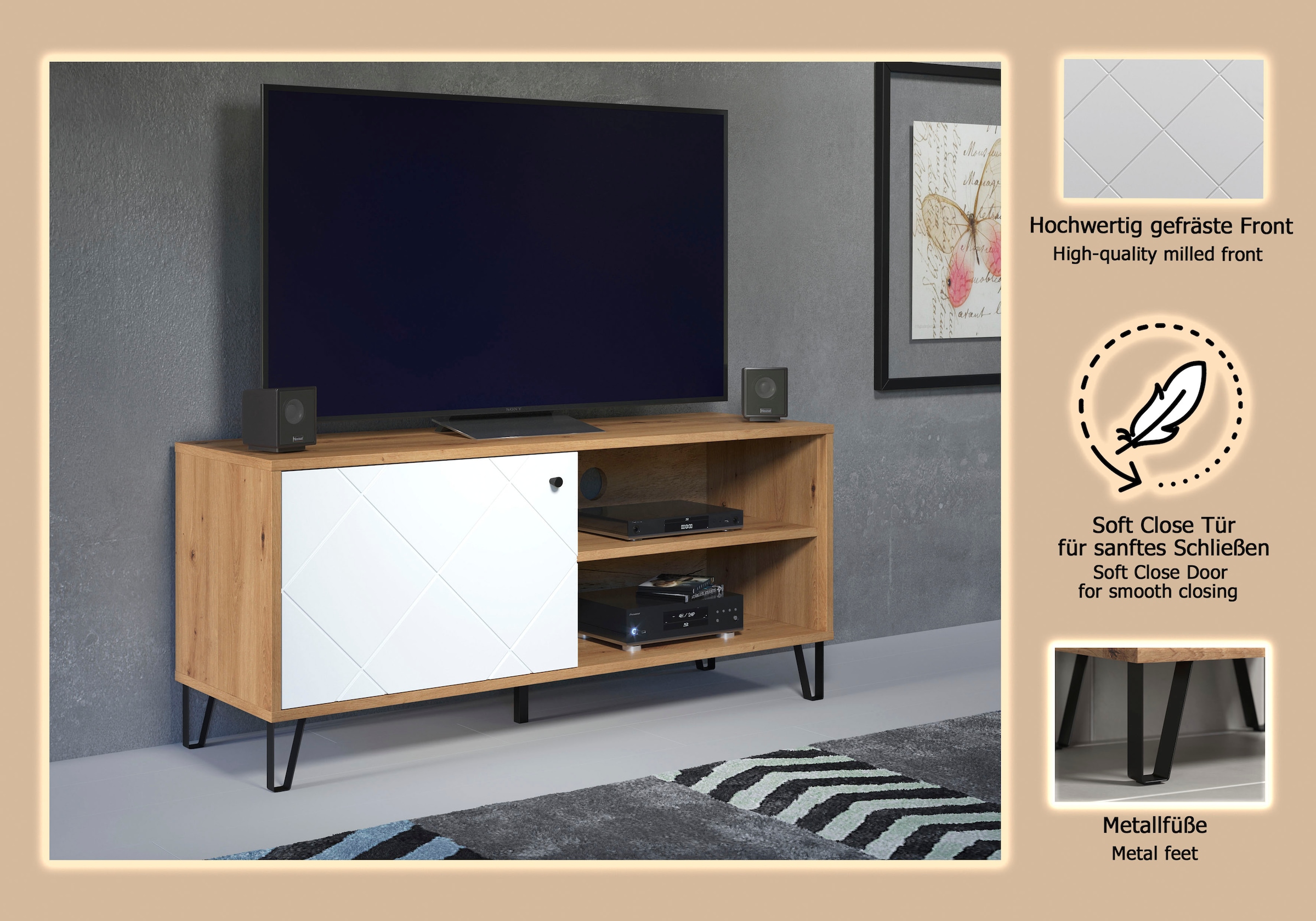 PLACES OF STYLE Lowboard »Tarragona TV-Kommode« TV-Unterteil mit 1 Tür & 2 Fächern - (B/T/H) 123/40/56 cm