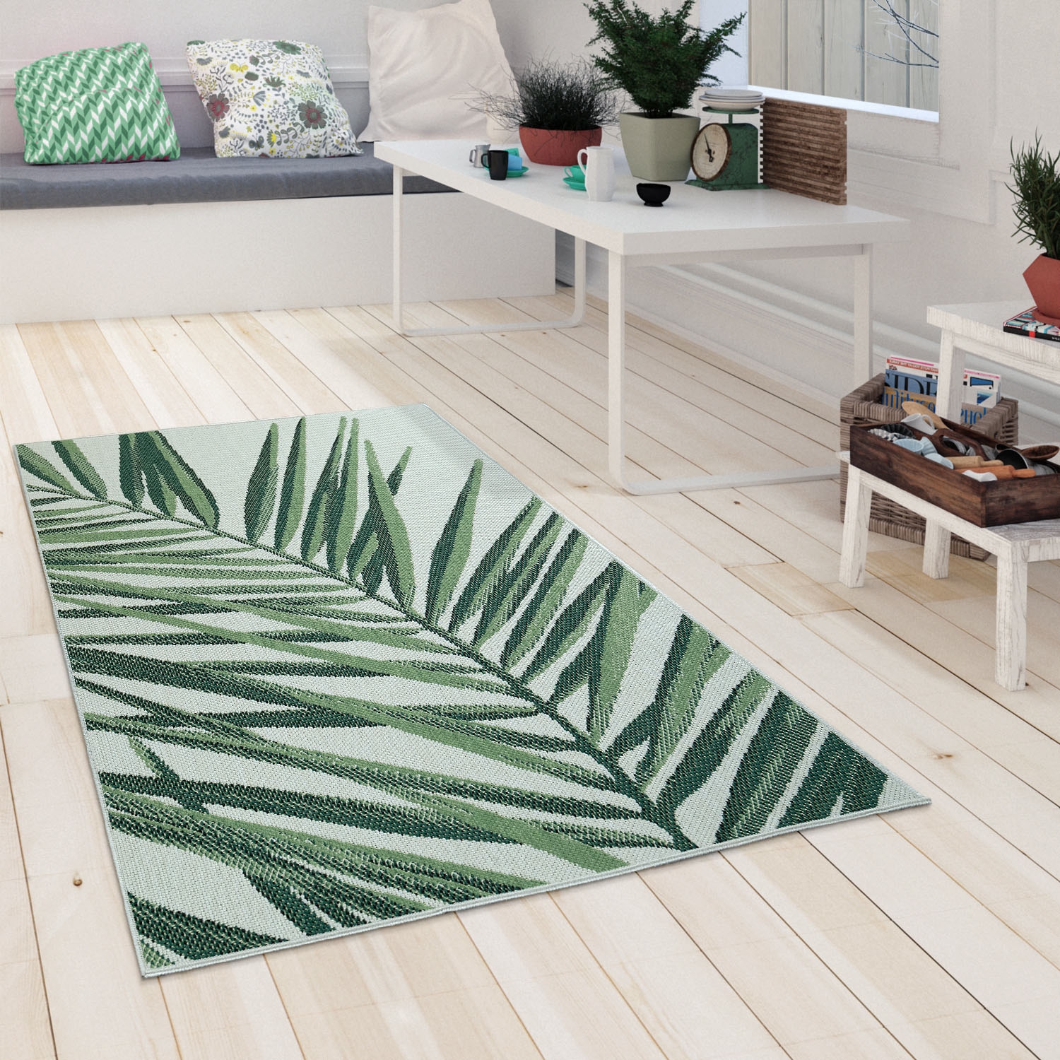 Paco Home Tapis »Ostende 537« Rectangulaire 4 mm Höhe Flachgewebe, Motiv Palmenblätter, In- und Outdoor geeignet, Wohnzimmer
