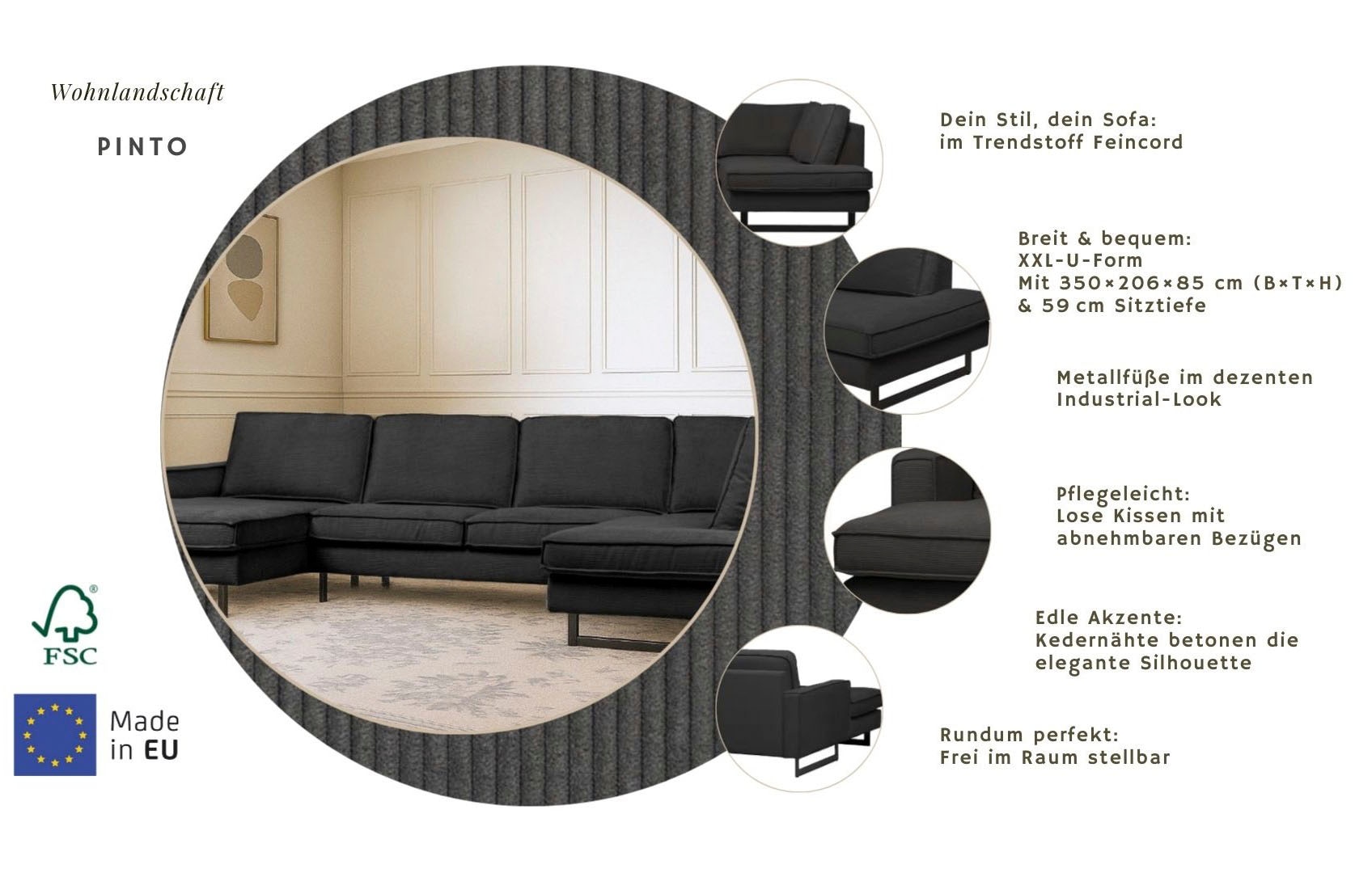 Home affaire Wohnlandschaft »Pinto, 350 cm, U-Form, XXL, mit Ottomanen« Cord, Chenille, Lederoptik, mit Keder, Metallfüsse, Wellenunterfederung