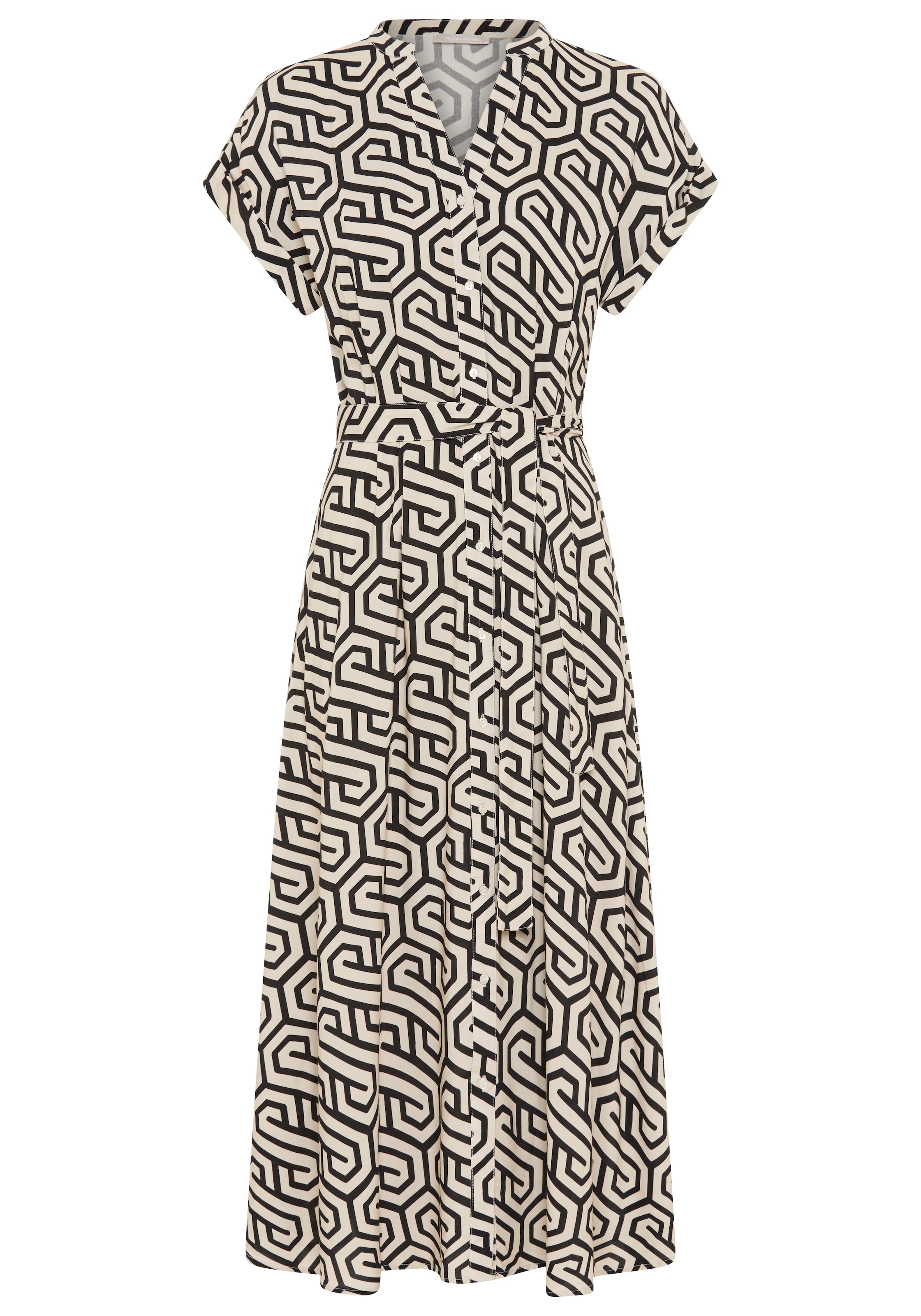 Tamaris Robe chemisier »mit tailliertem Bindegürtel und Knopfleiste« Ensemble, 2 cuis tlg. en viscose, pour printemps et été, à motifs, longueur mi-mollet