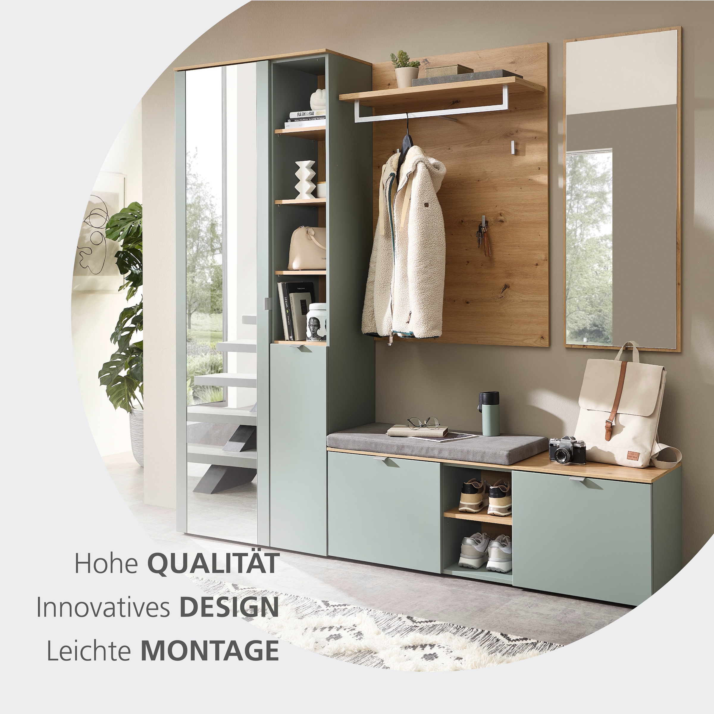 Innostyle Garderobenschrank »BARI Garderobenschrank mit Spiegel,  BxHxT 78x202x38 cm« 1 Stk. tlg. 2 türig, 10 Fächer, Softclose, ABS Kantenschutz, Kleiderstange