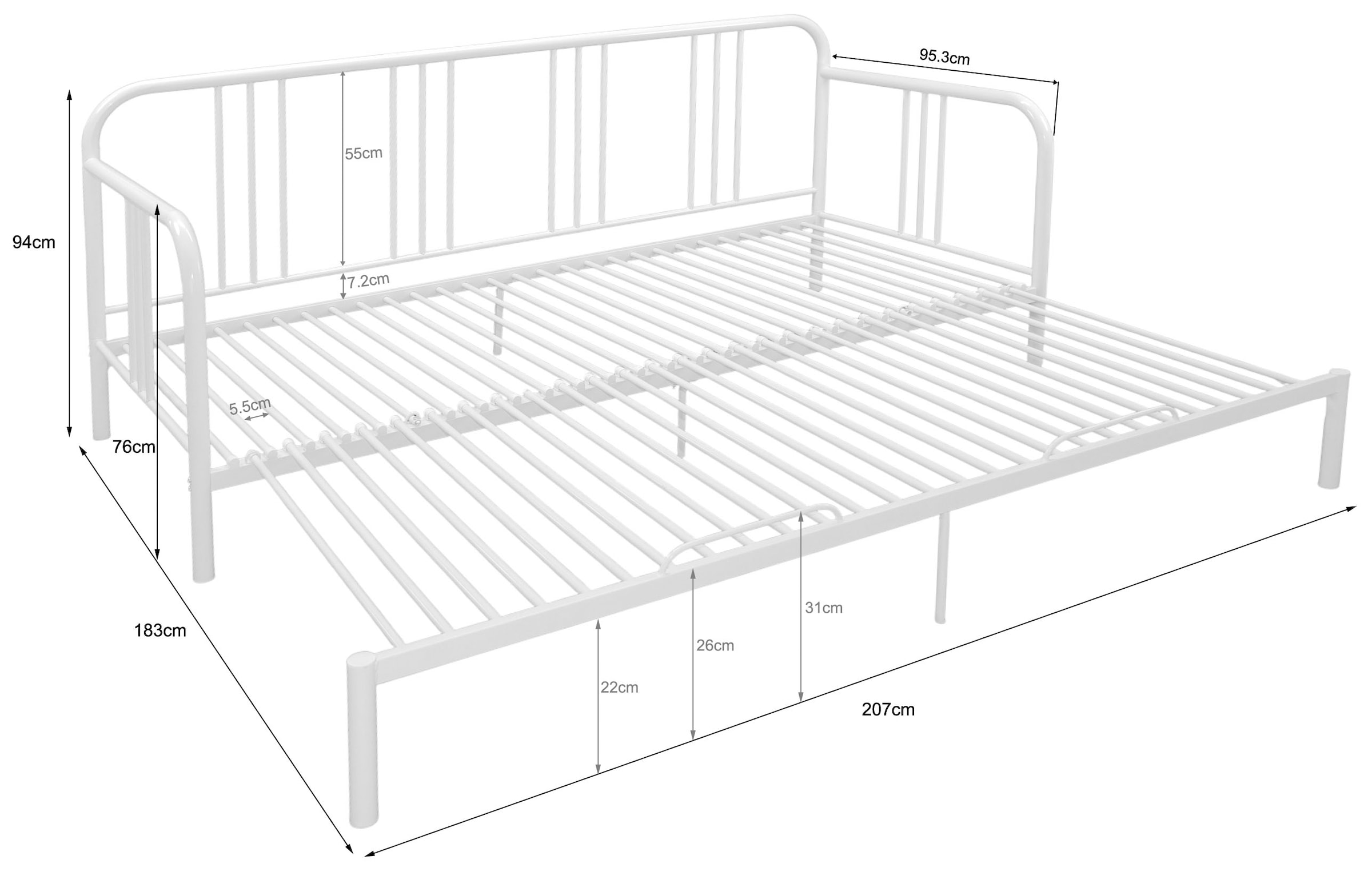 GOODproduct Metallbett »Trento Bett Bettgestell Bestseller Doppelbett Ausziehbett« Bestseller Gästebett Sofabett Schlafzimmer,  Daybett mit Ausziefunktion im Landhausdesign weiss