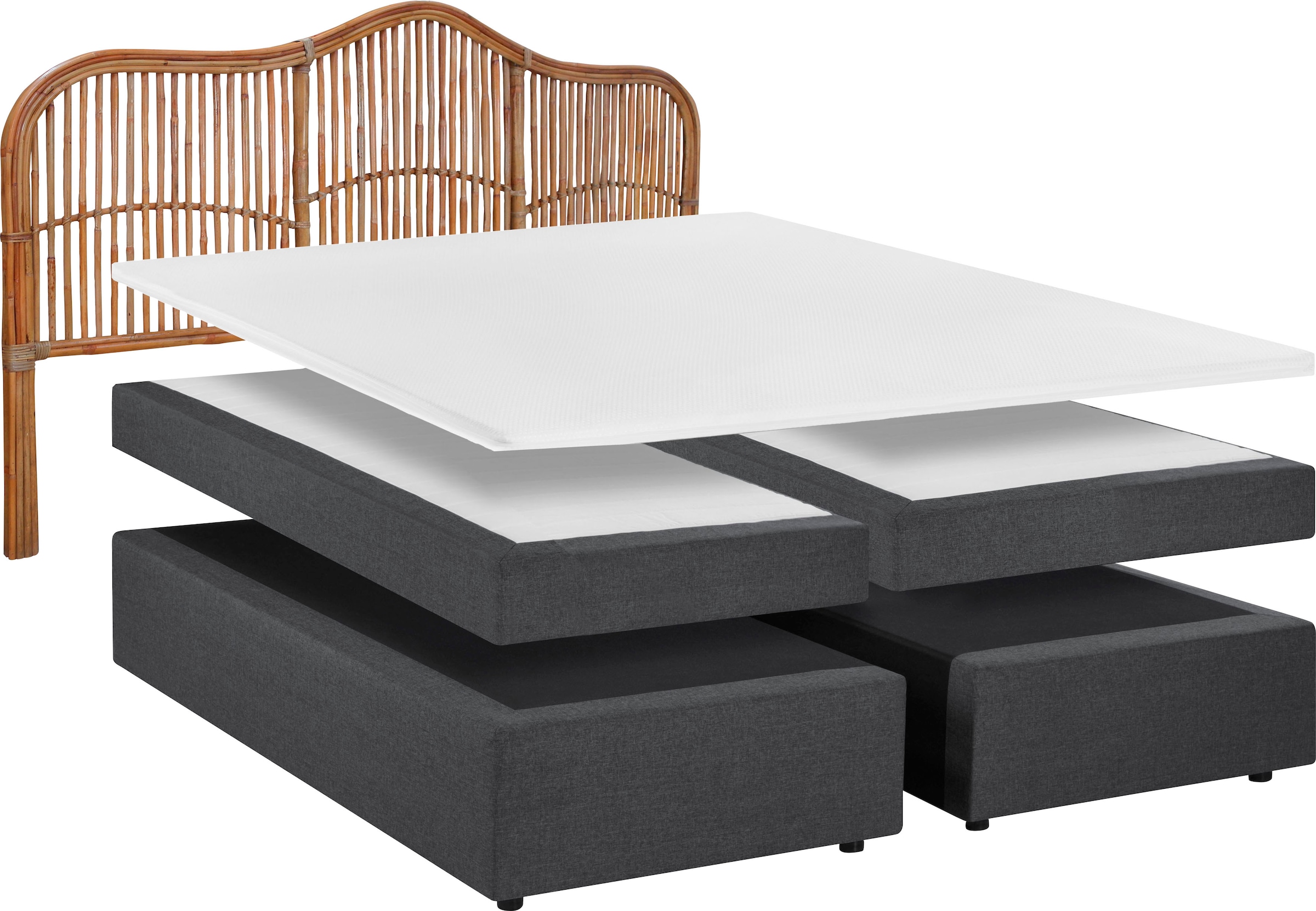 SIT Lit boxspring »Syracuse 180x200 cm mit Rattan-Kopfteil und Topper« Tête de lit en rotin véritable rencontre le confort de la literie à ressorts