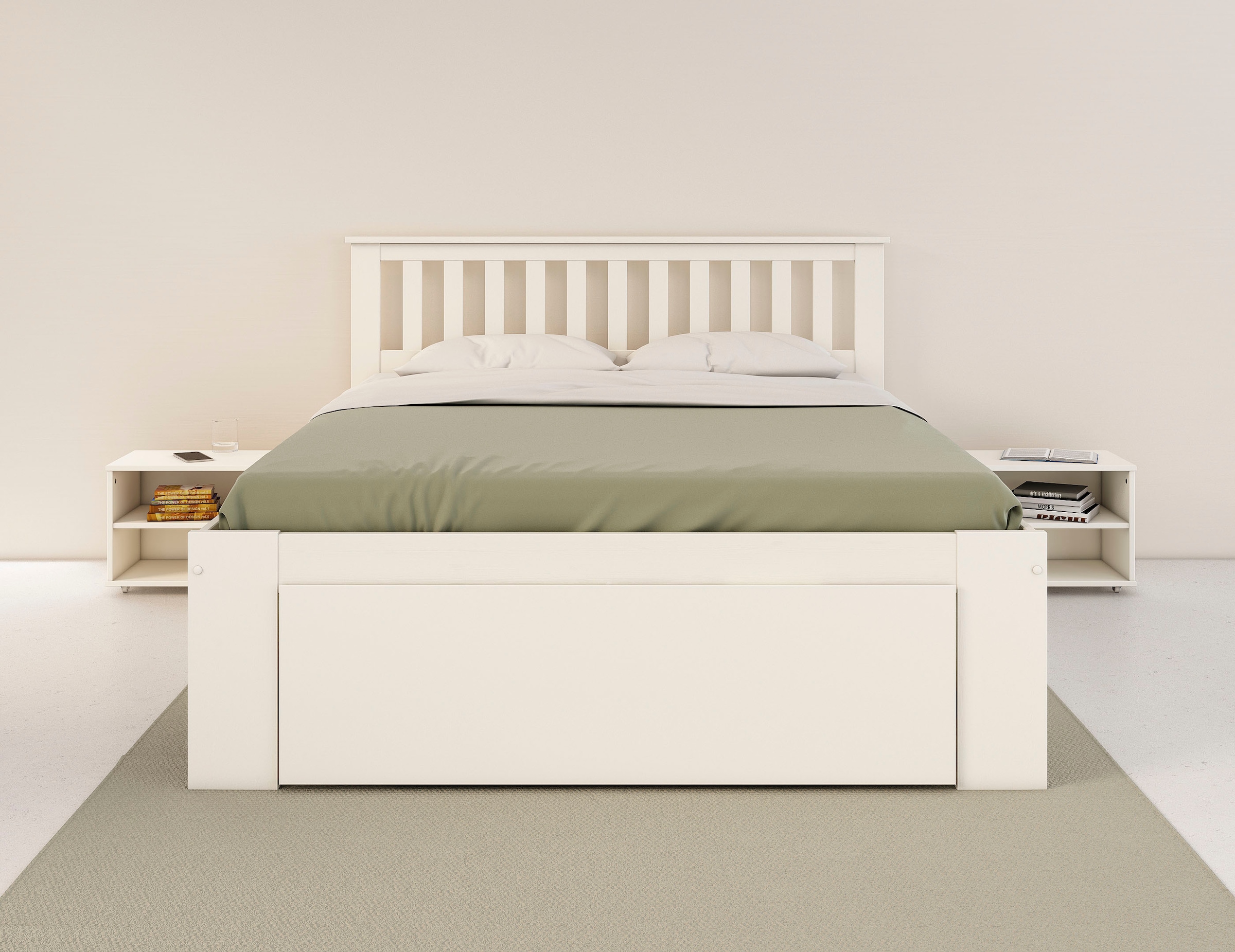 GOODproduct Lit en bois massif »Kallvin, platzsparend, 3 Bettkästen, Nachtschränke ausziehbar« comprend un sommier à lattes, 3 coffres de lit, certifié FSC®