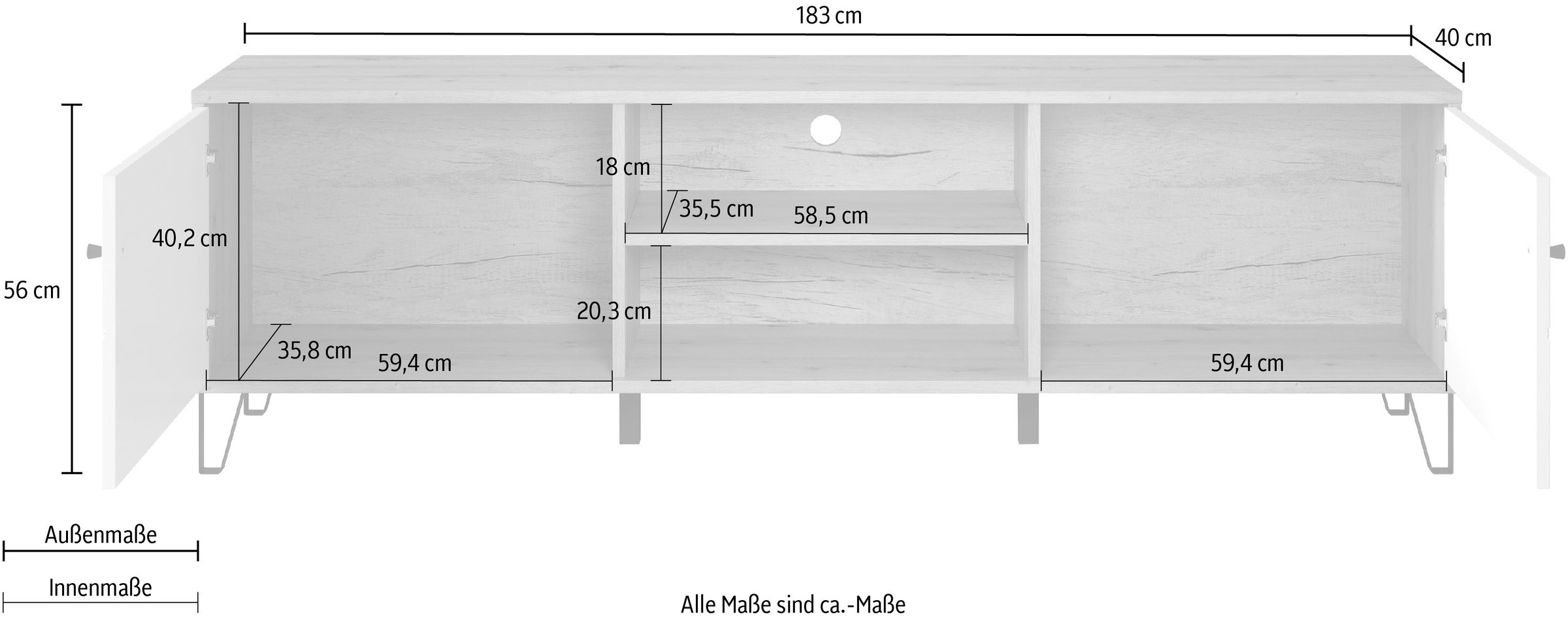 Home affaire Table basse »Tarragona TV-Kommode« Meuble TV avec 2 portes & 2 compartiments - (L/P/H) 183/40/56 cm