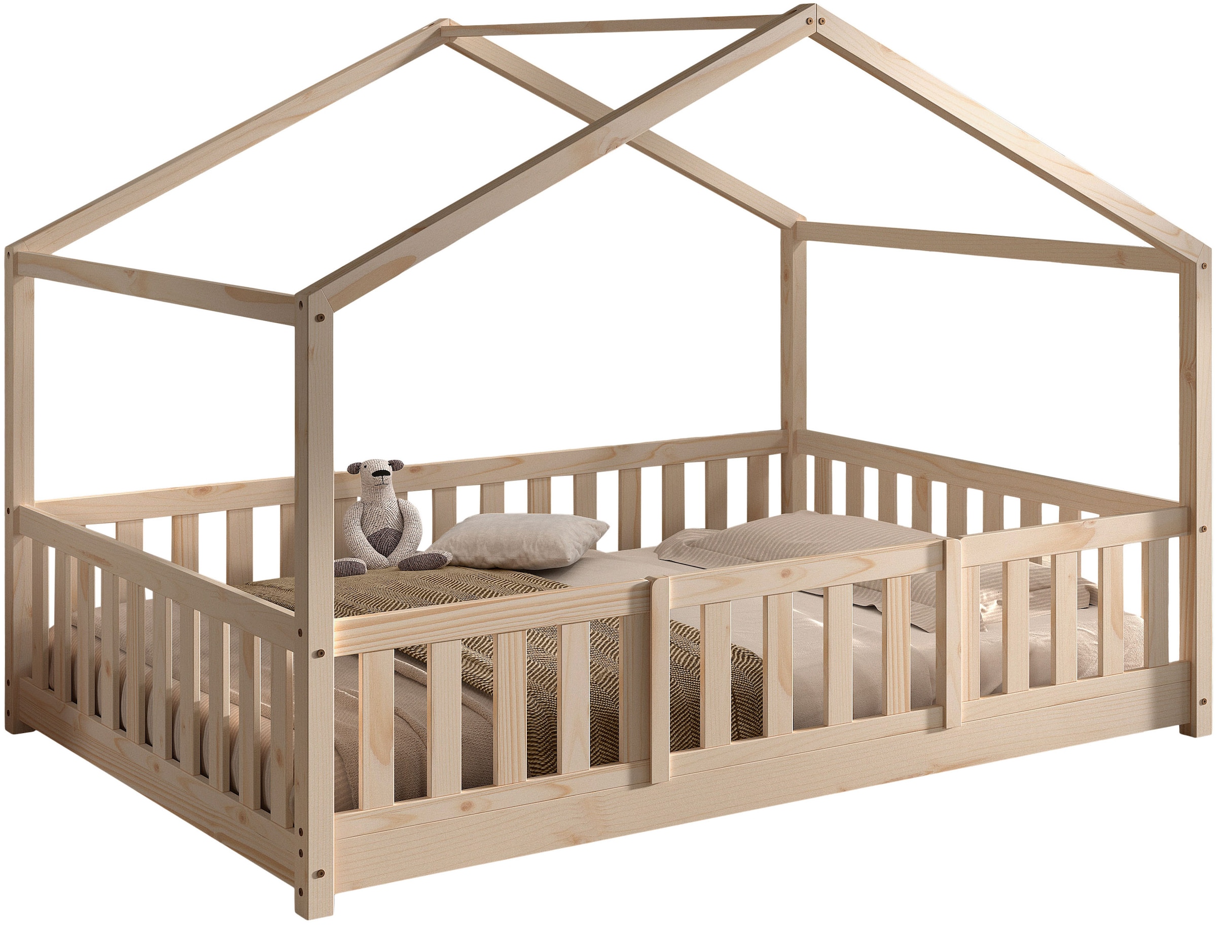 Vipack Lit de maison »Dallas, Massivholzbett mit Dachaufbau umbaubar vom Boden- zum Daybett« avec tiroir de lit, en pin massif nature ou blanc au choix