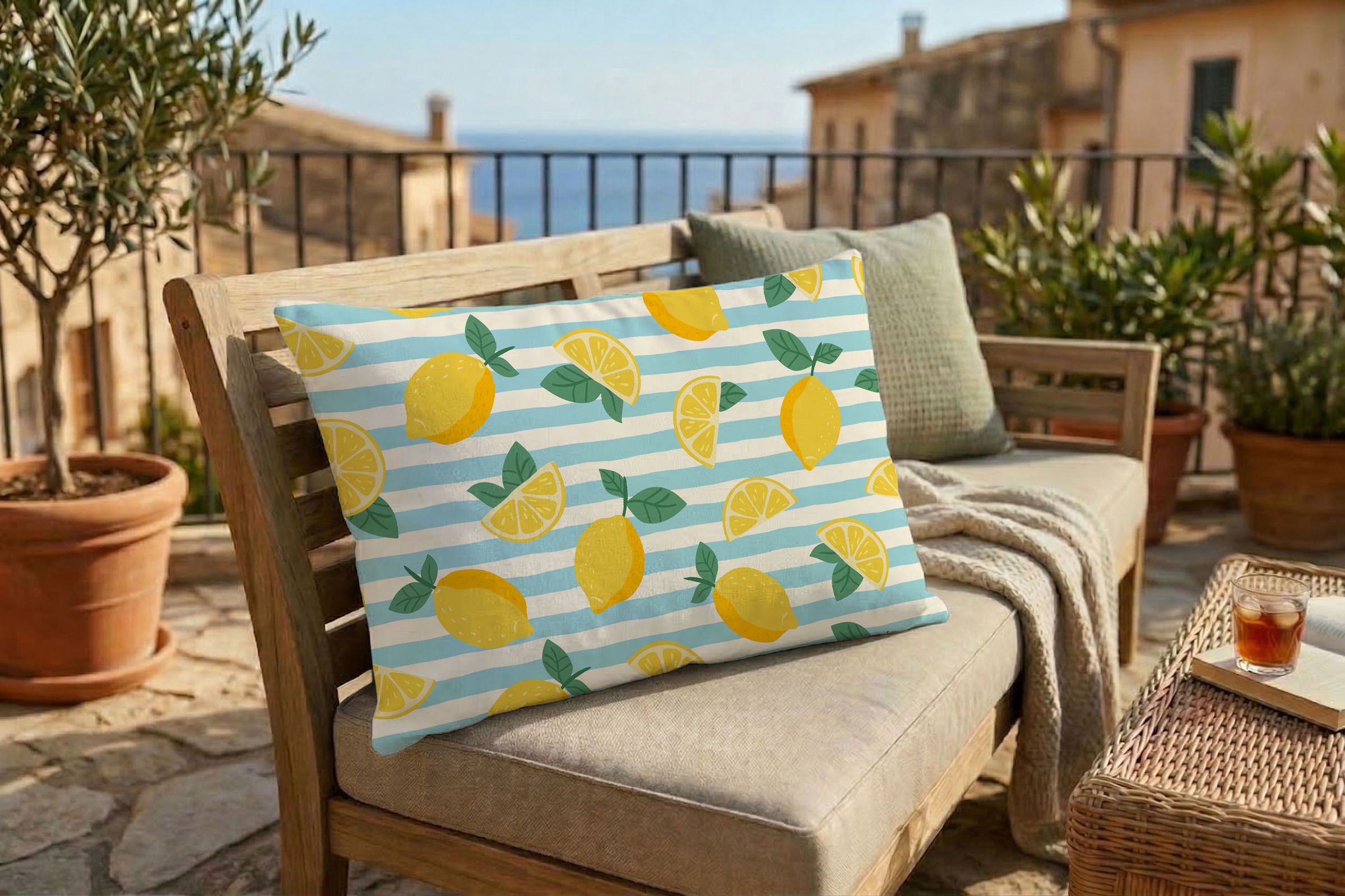 queence Dekokissen »Zitronen Querstreifen« Premium Outdoor Kissenbezug; Format: 60x40 cm