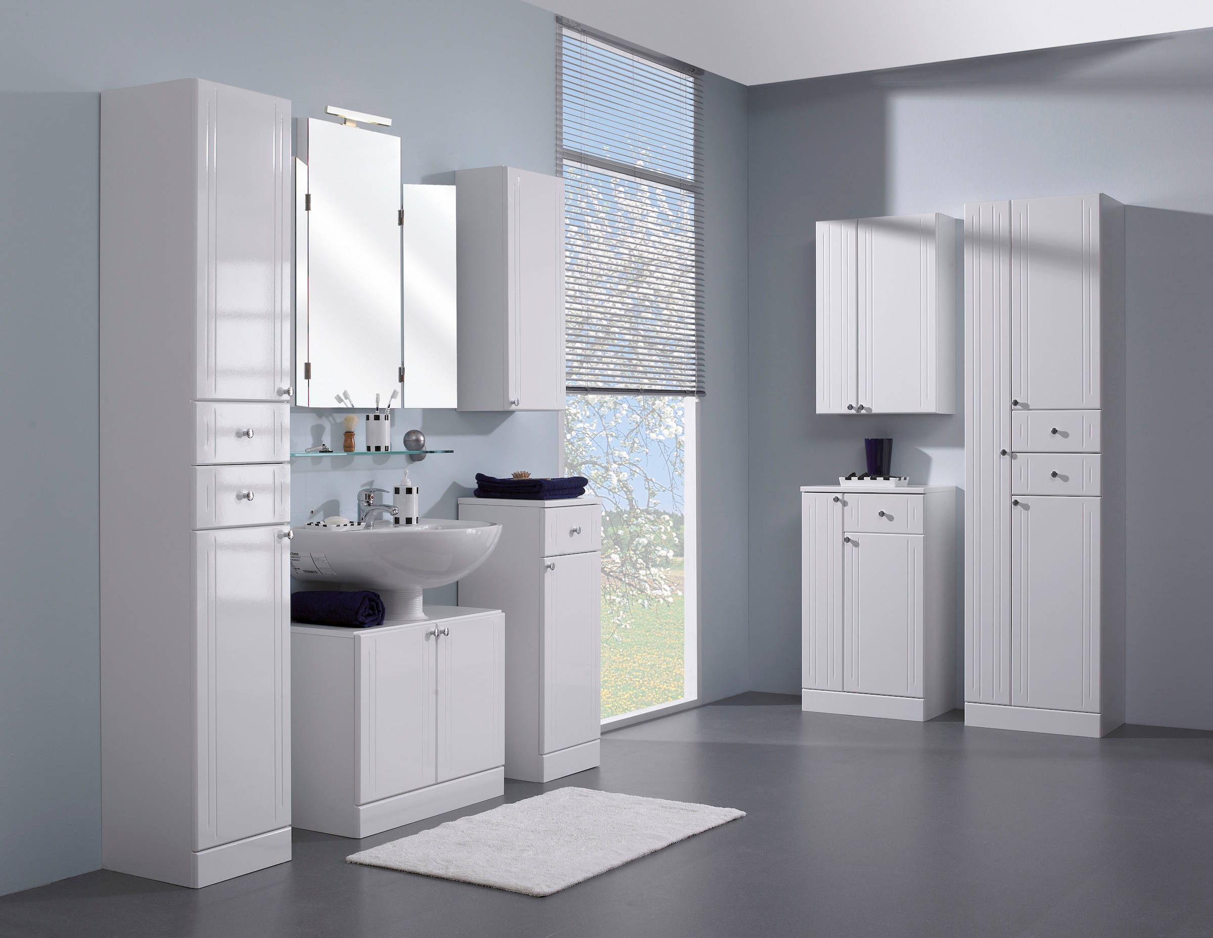 Saphir Armoire basse »Quickset 955 Badschrank mit 2 Türen, 1 Schublade, 50 cm breit« Meuble sous lavabo blanc brillant, poignées chrome brillant