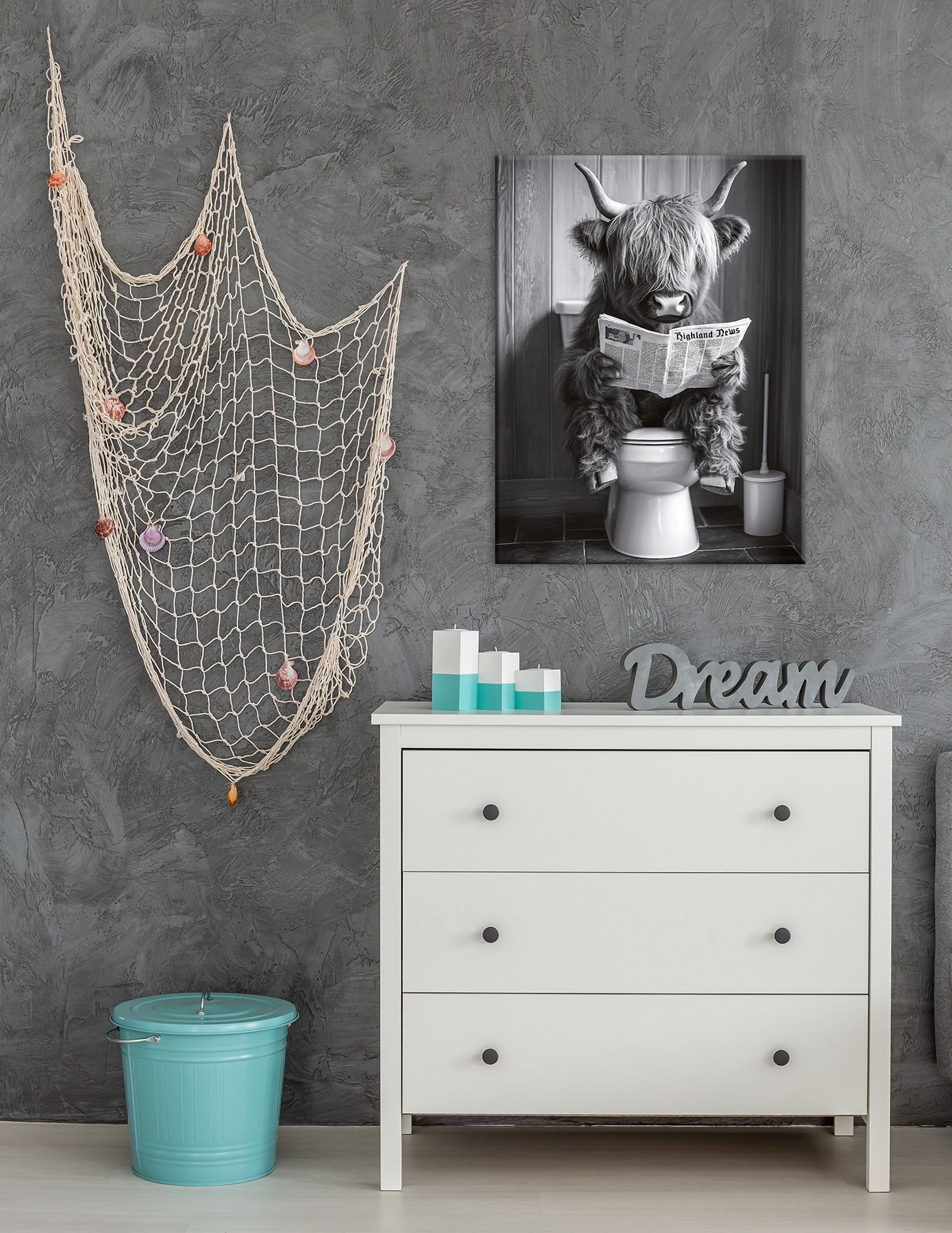 Bönninghoff Leinwandbild »Wandbild HOCHLANDRIND AUF WC 46x61 cm – Leinwandbild Keilrahmen Deko« Hochlandrind | Humor | Kuh | Kuhbilder | Kühe | Schwarz-Weiss | Tiere 1 Stk. tlg. auf Keilrahmen gespannt