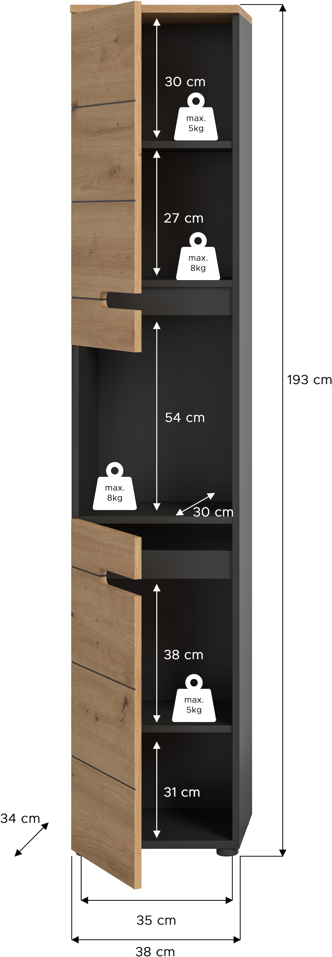 welltime Hochschrank »REHAT, Türen mit Soft-Close, eingefasste Griffaussparung in der Front« BxHxT: 38x193x34 cm, 2 Türen, 5 Fächer