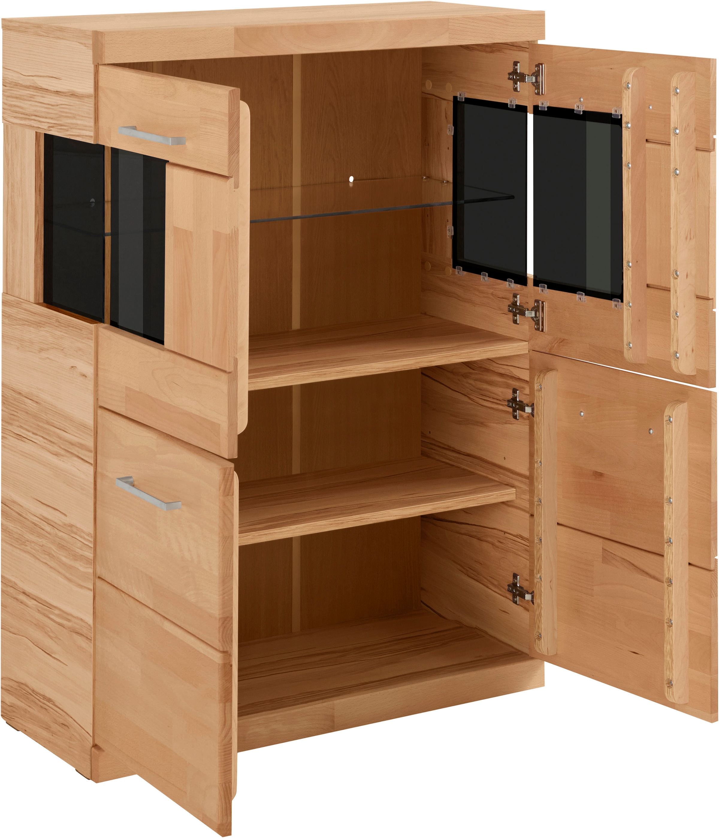 GOODproduct Highboard »Ribe,85cm breit,115cm hoch, Fronten Massivholz,4 breite Fächer« Korpus Holzwerkstoff,2Türen mit  Glaseinsatz, Böden versetzbar