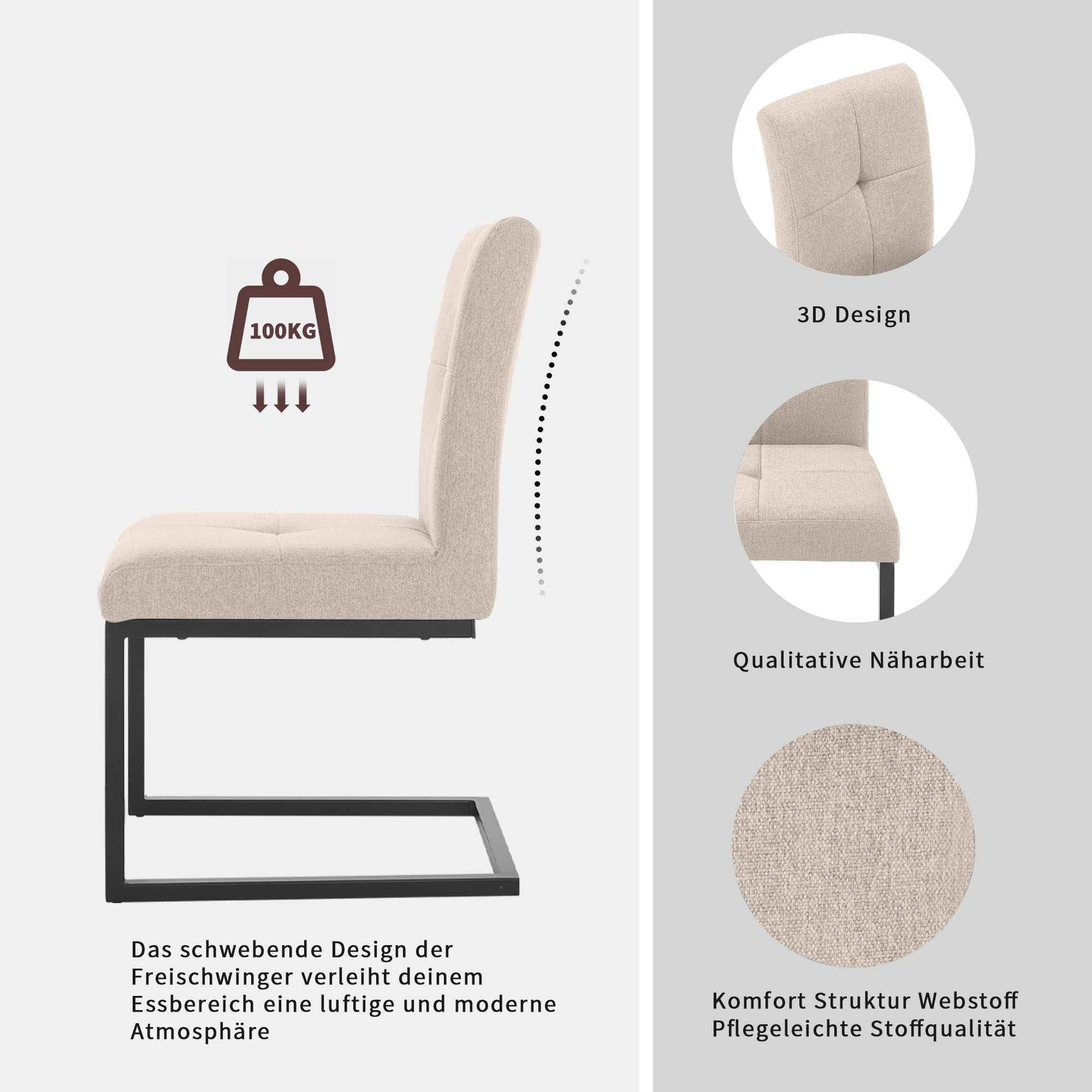 GOODproduct Esszimmerstuhl »Geranie Freischwinger, Schwingstuhl« (Set) 2 Stk.mit 3D-Steppung, robustes Gestell, hochwertiger Stoff