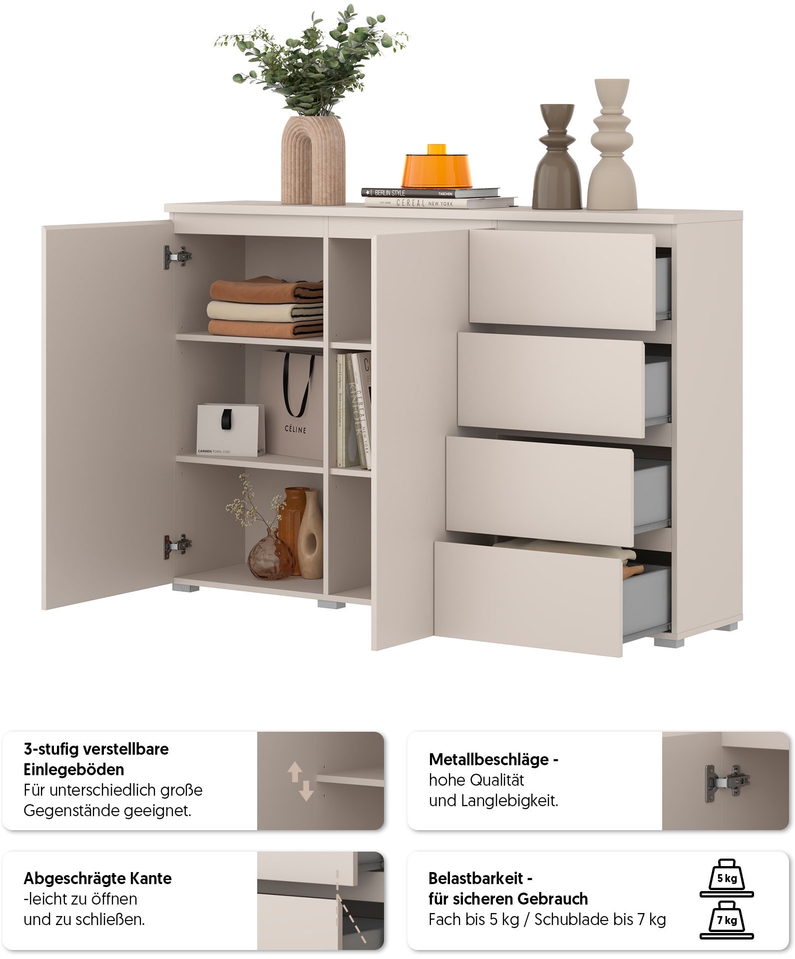 GOODproduct Buffet haut »Modo, Breite 150 cm, moderne grifflose Kommode 2Türen/4 SK« Schubladenkommode mit viel Stauraum, Einlegeböden verstellbar
