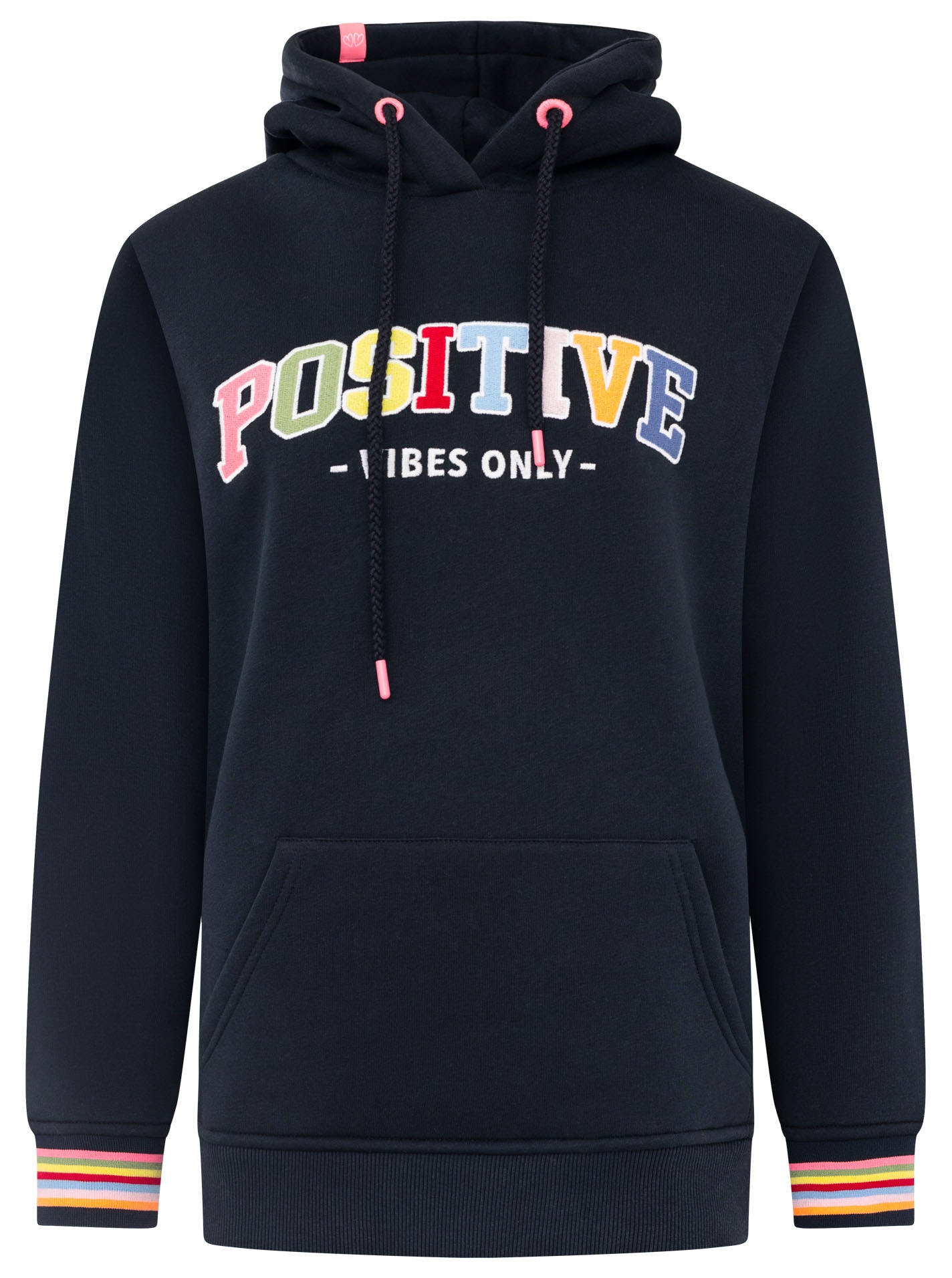 Zwillingsherz Hoodie »"POSITIVE"«, logo brodé coloré et poignets rayés, capuche, poche kangourou
