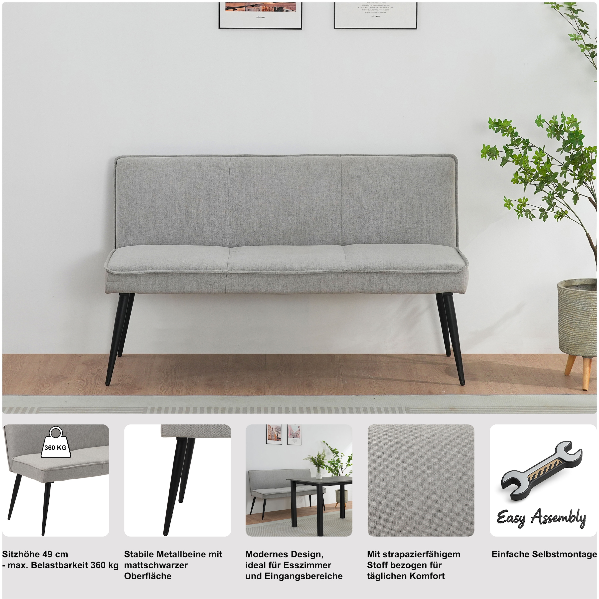 GOODproduct Banc de salle à manger »Ianna« schwarze Metallbeine, pflegeleichtem Webstoff Bezug, Breite 140 cm