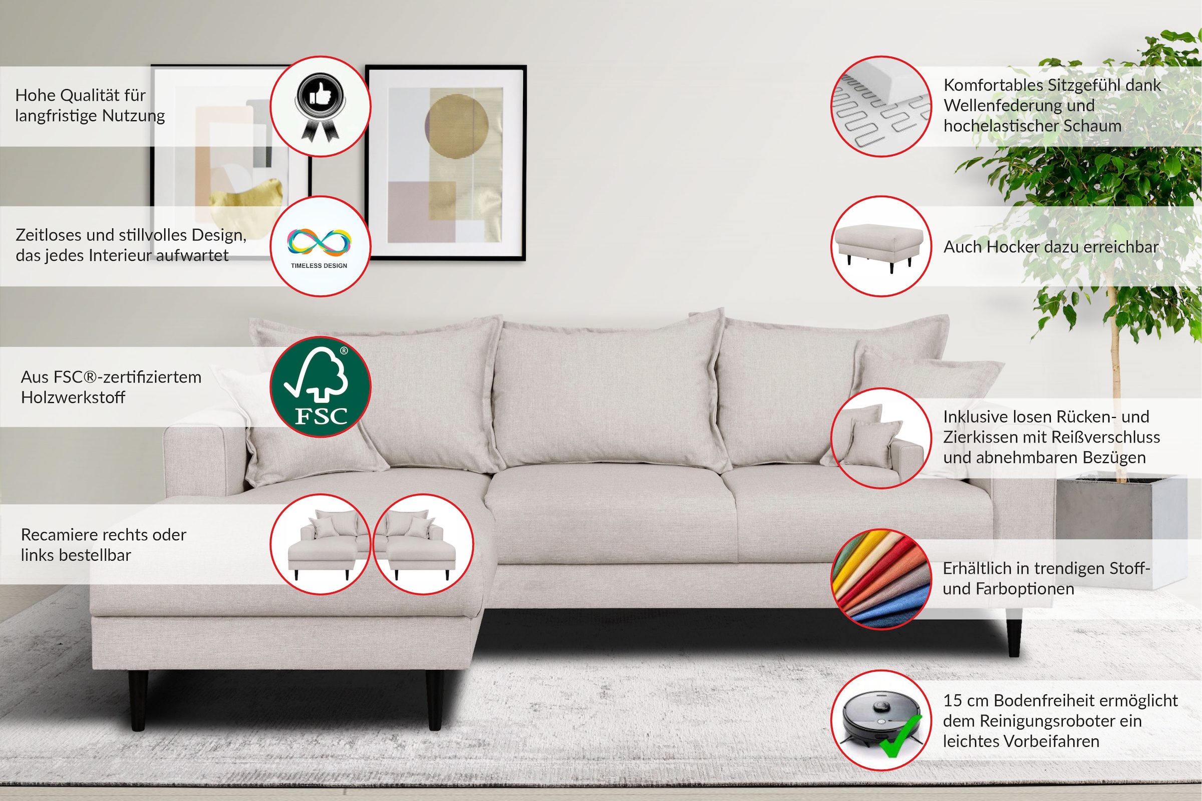 Home affaire Ecksofa »VEYRAS L-Form, hoher Sitzkomfort, Masse B/T/H: 230/150/76 cm« mit Wellenunterfederung, incl. Rückenkissen und Zierkissen