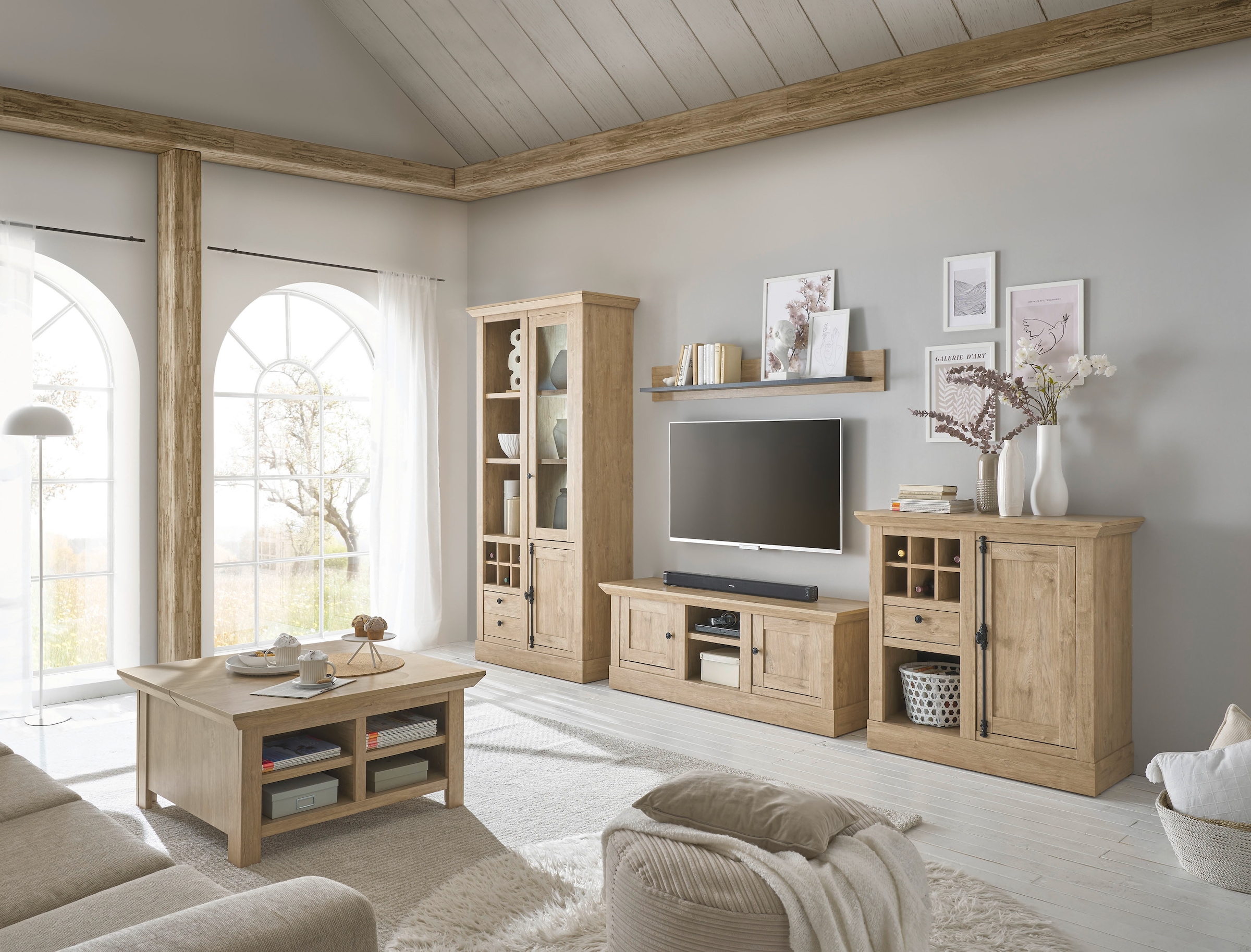 Home affaire Meuble mural »Cornwall, Anbauwand im Landhausstil, Wohnzimmer-Set, Eiche Dekor« Set, 4 cuis tlg.