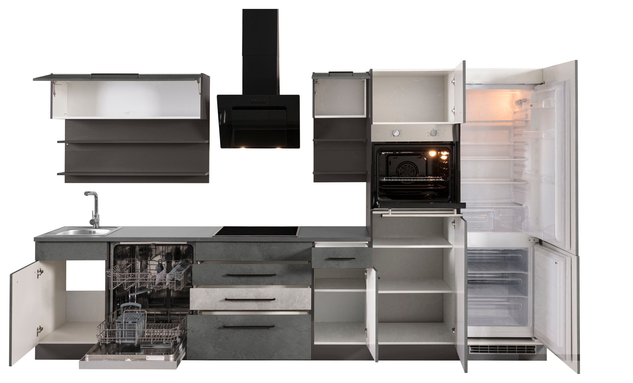 KOCHSTATION Küchenzeile »KS-Tulsa« ohne E-Geräte, Breite 350 cm, schwarze Metallgriffe, MDF Fronten