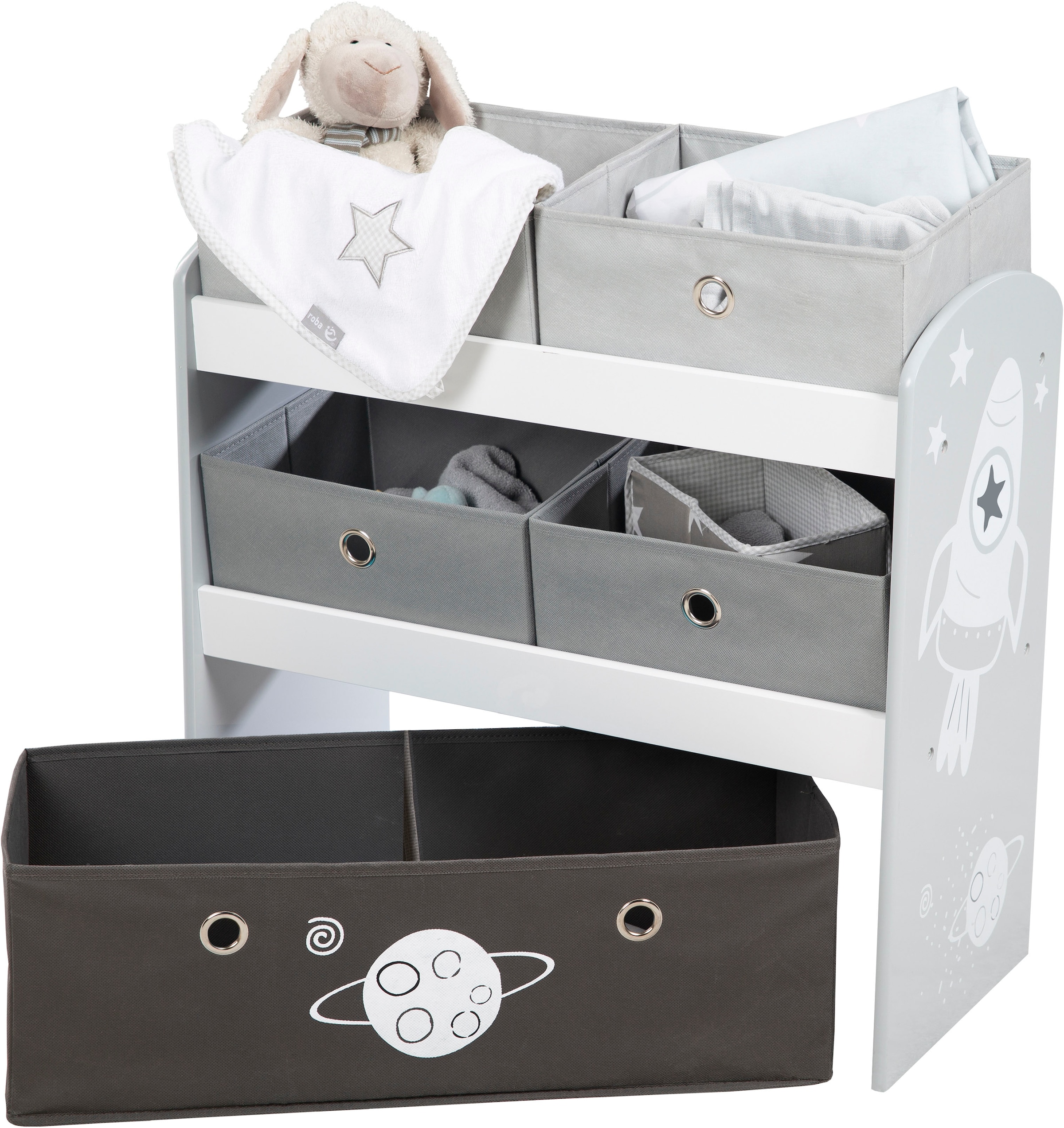 roba® Kinderregal »Rakete, grau« inklusive 5 Stoffboxen in 2 Grössen