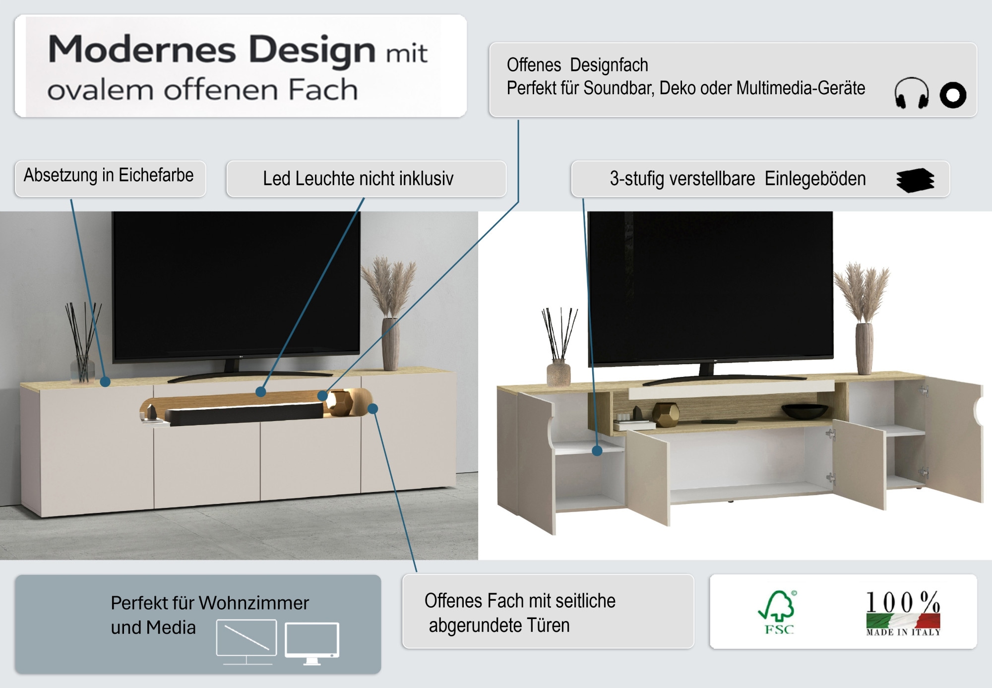 GOODproduct Lowboard »REAL,Lowboard,TV-Kommode,TV-Möbel,TV-Bank« 1 Stk. tlg. Mit 4 Türen, davon 2 abgerundet, die ein ovales offenes Fach bilden