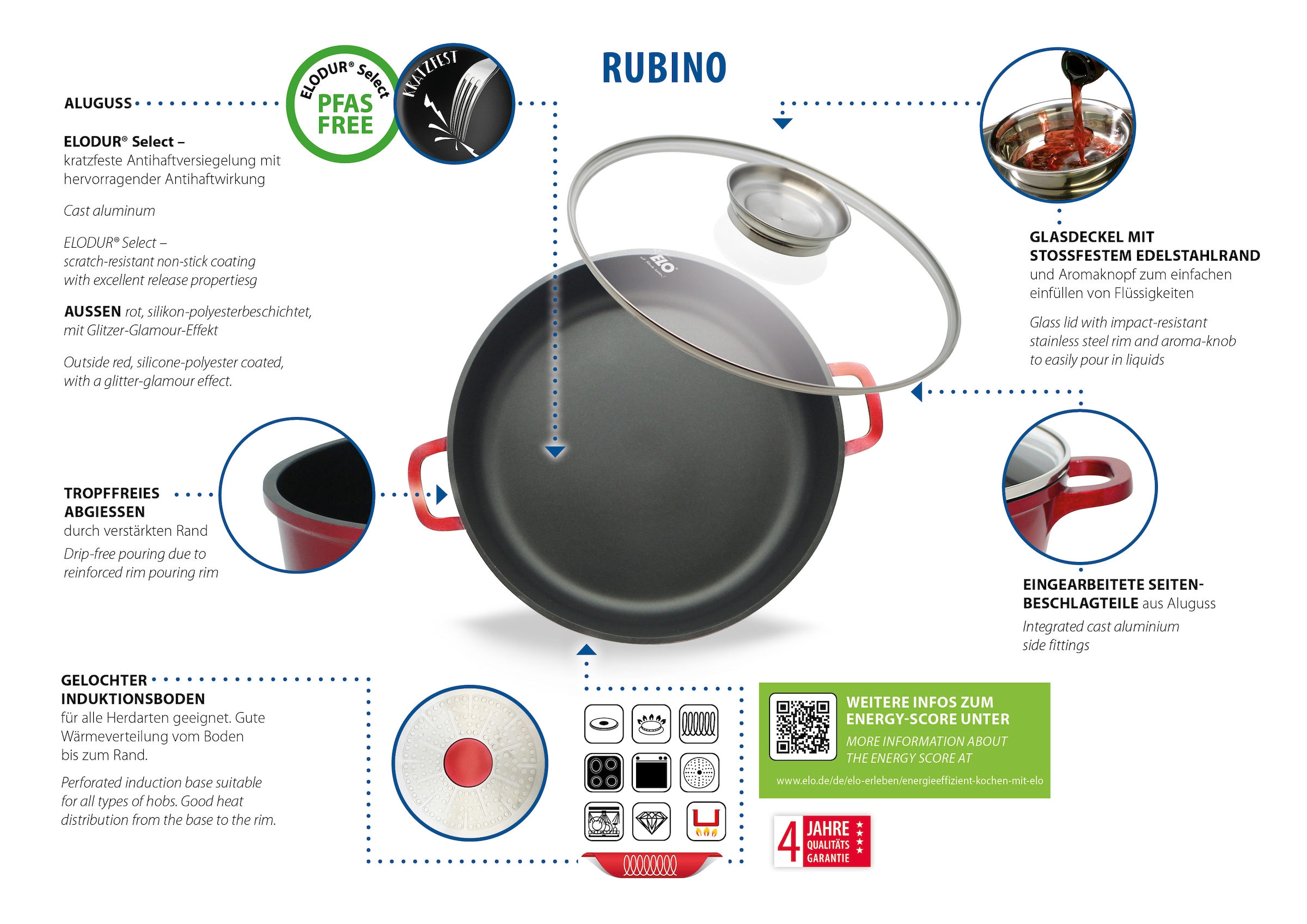 Elo Poêle de service »Rubino, Pfanne mit Glasdeckel« Aluminiumguss 1 cuis tlg. mit Glitzer-Glamour-Effekt aussen
