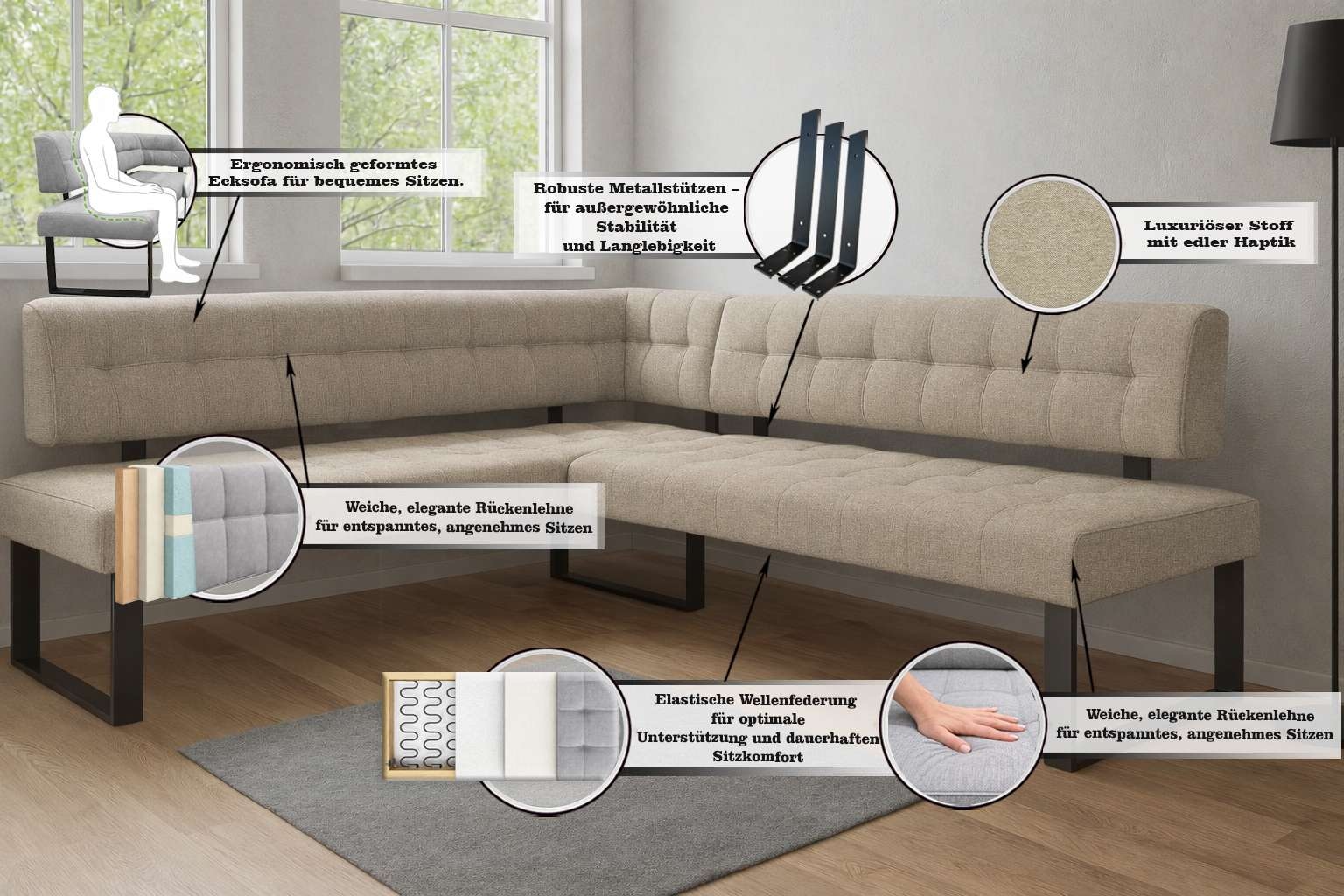 Home affaire Ensemble de bancs d'angle »Mia Essecke, Sitzgruppe, Eckbankgruppe, Küchenbankgruppe« Set, 4er, 4 tlg. Eckbank mit Wellenfederung; Tisch in Eiche massiv