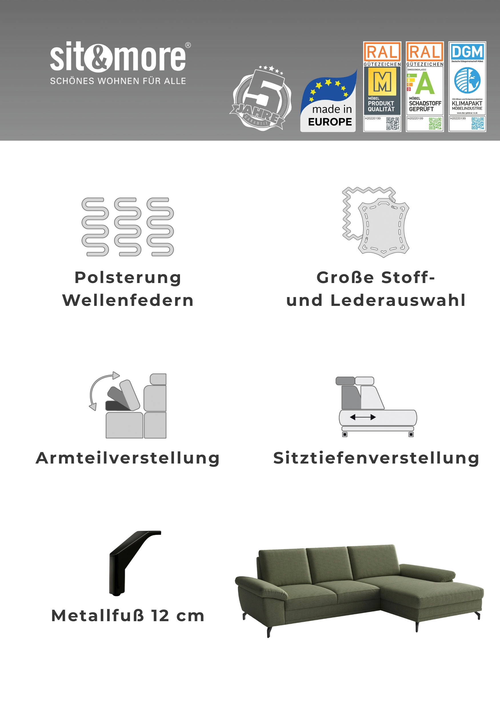 sit&more Ecksofa »Chelsea L-Form, B: 264 cm, mit Armteil-& Sitztiefenverstellung« optional Bettfunktion und Bettkasten