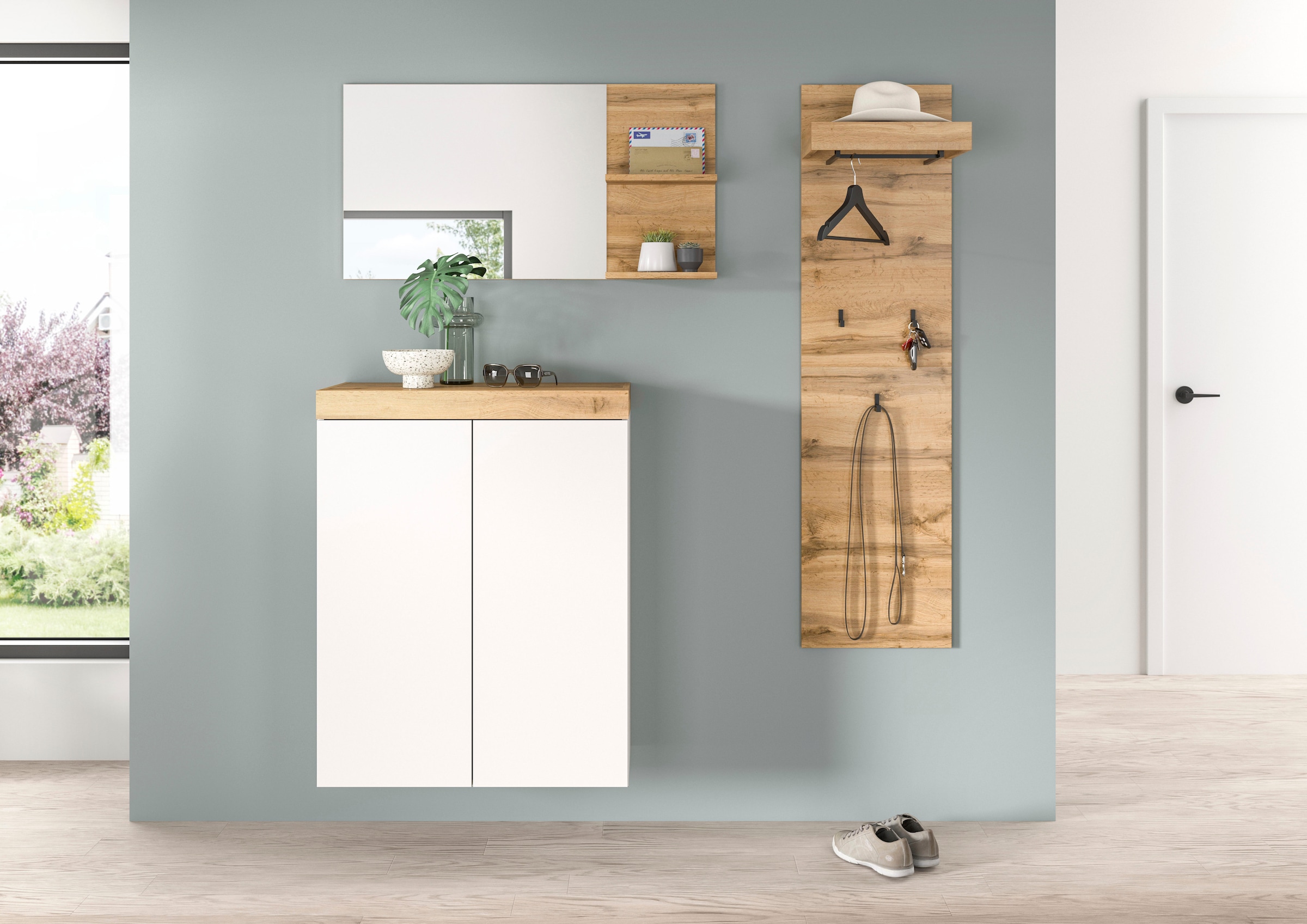 GOODproduct Ensemble de vestiaires »MAMBO, TOPSELLER!, 3-teilige Kombination, stehend & hängend montierbar« bestehend aus: Kommode, Spiegel, Garderobenpaneel, 3 cuis tlg.