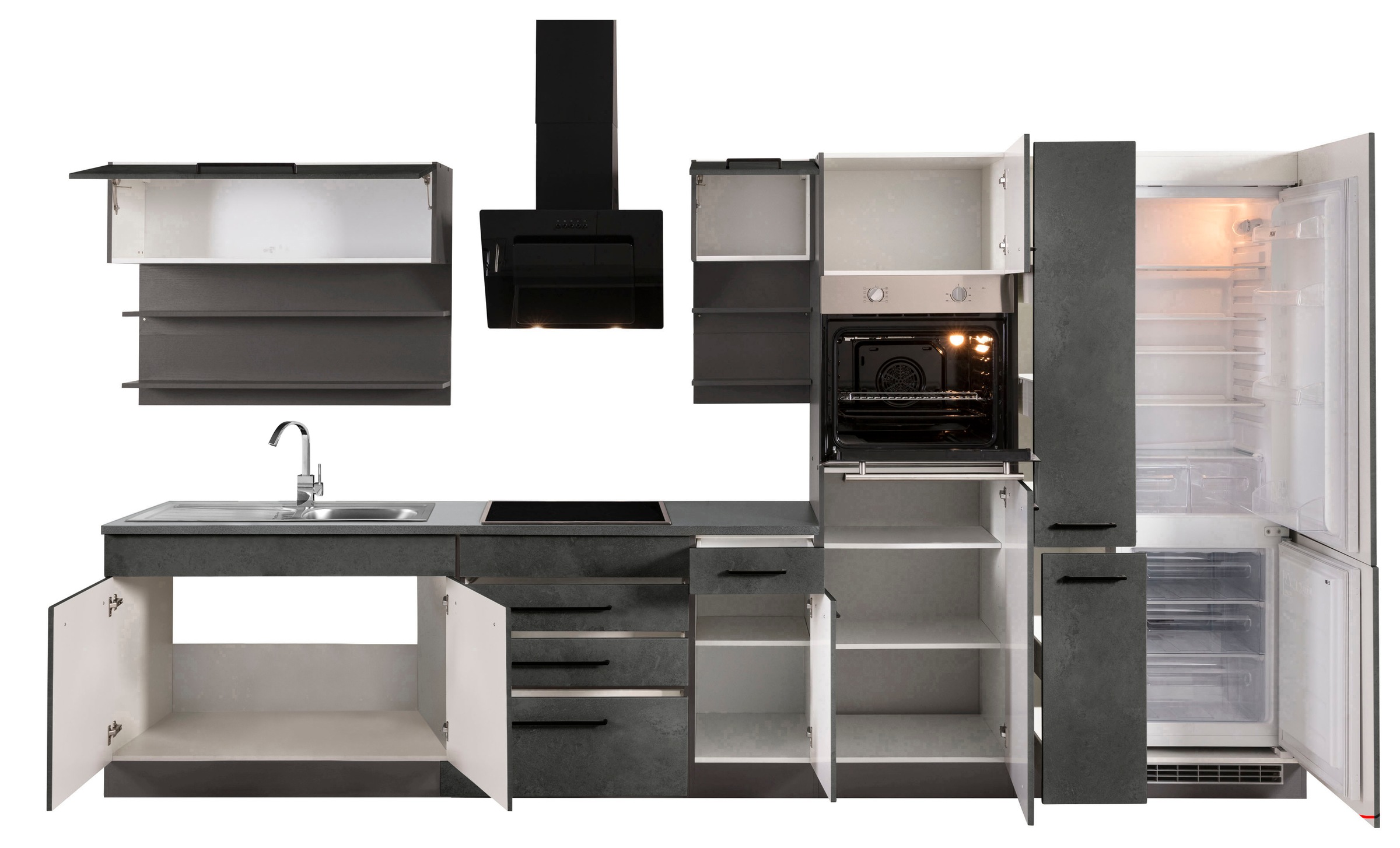 KOCHSTATION Küchenzeile »KS-Tulsa« ohne E-Geräte, Breite 380 cm, schwarze Metallgriffe, MDF Fronten