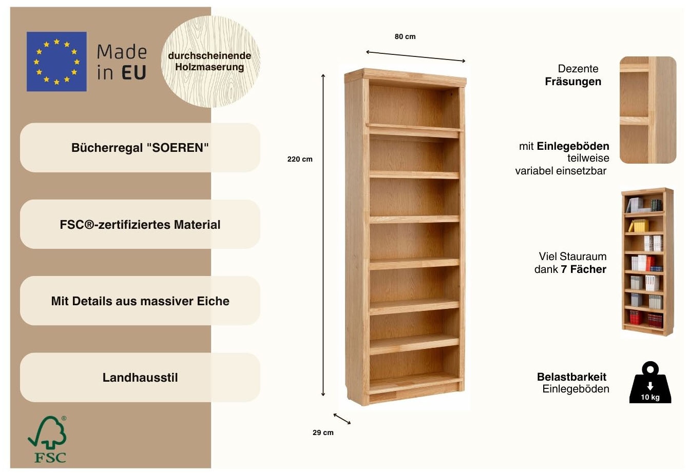 GOODproduct Bücherregal »Soeren mit Eiche-Elementen Regal B/T/H: 80/29/220/29 cm« teilmassive Eiche, FSC®-zertifiziert