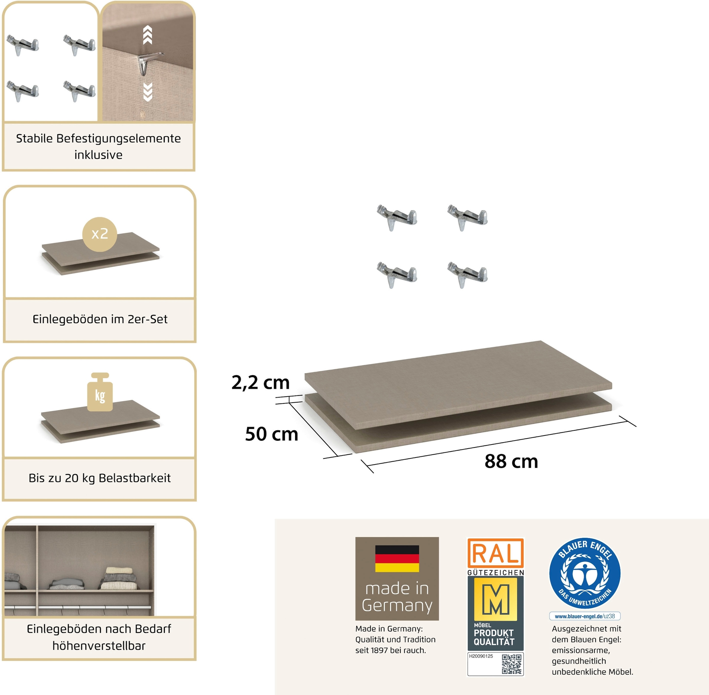 rauch Tablette de rangement »Zubehör für Rauch-Schwebetürenschränke ORANGE« Lot de 2 Largeur 88 cm, profondeur 50 cm