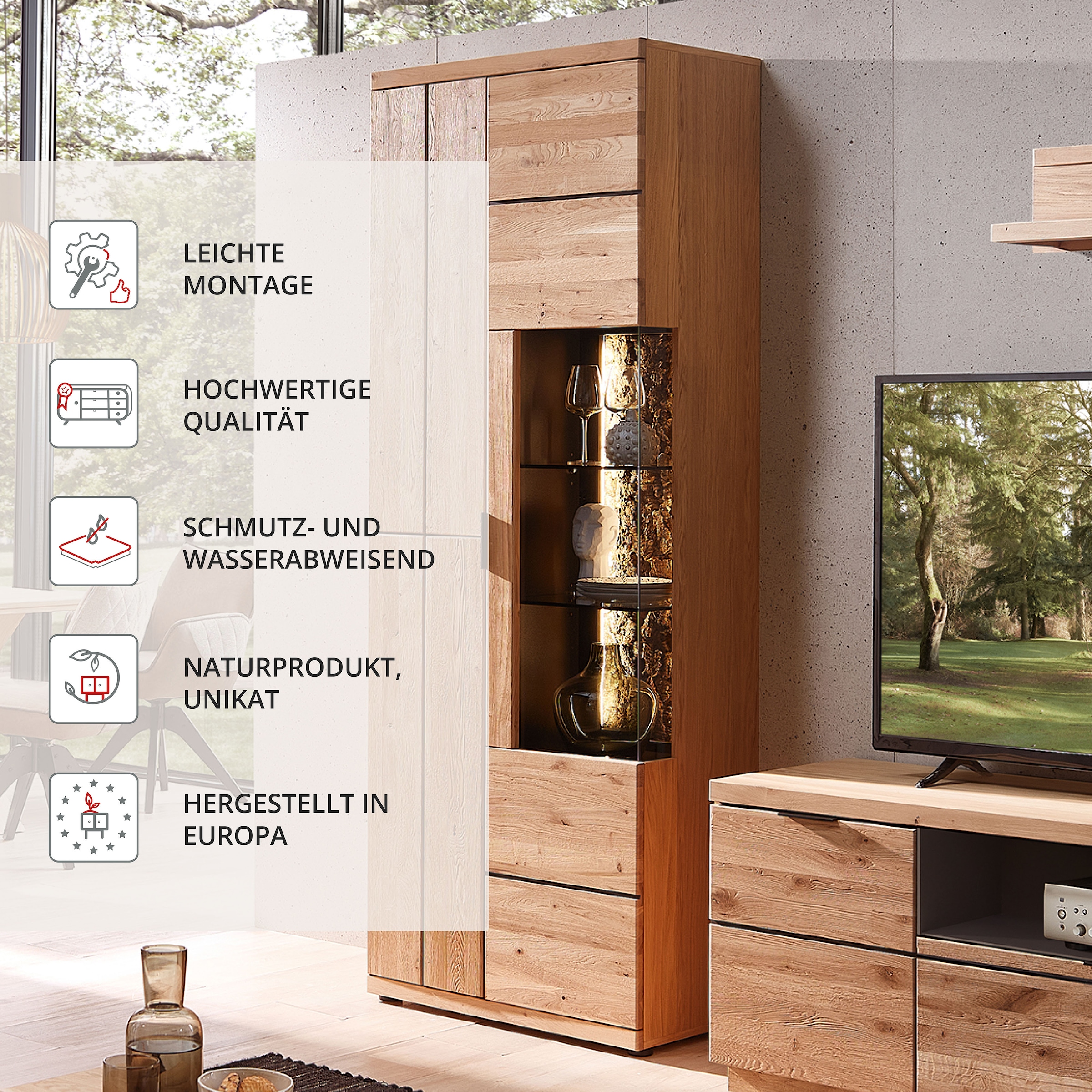 Wohnconcept Vitrines »Donna Vitrine, 75x207x42 (BxHxT)« 1 cuis tlg. Beleuchtung  bestellbar, 3 türig, Echtkork Absetzung, L/R verwendbar