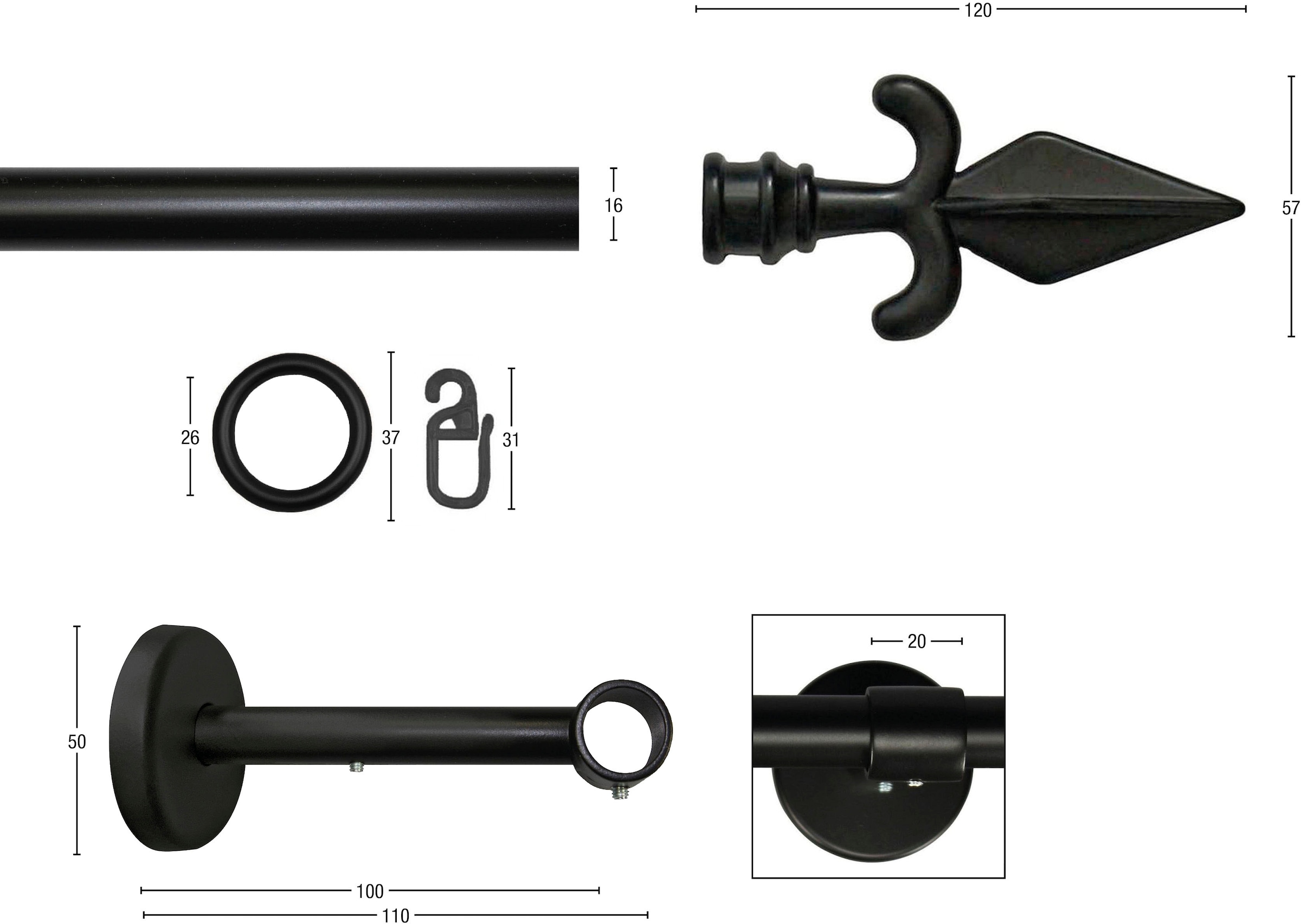 GARESA Tringle à rideaux »RUSTIKA« Ø 16 mm 1 läufig-läufig Wunschmasslänge rustikale Vorhanggarnitur, verlängerbar, m. Ringe, Endknopf Pfeil
