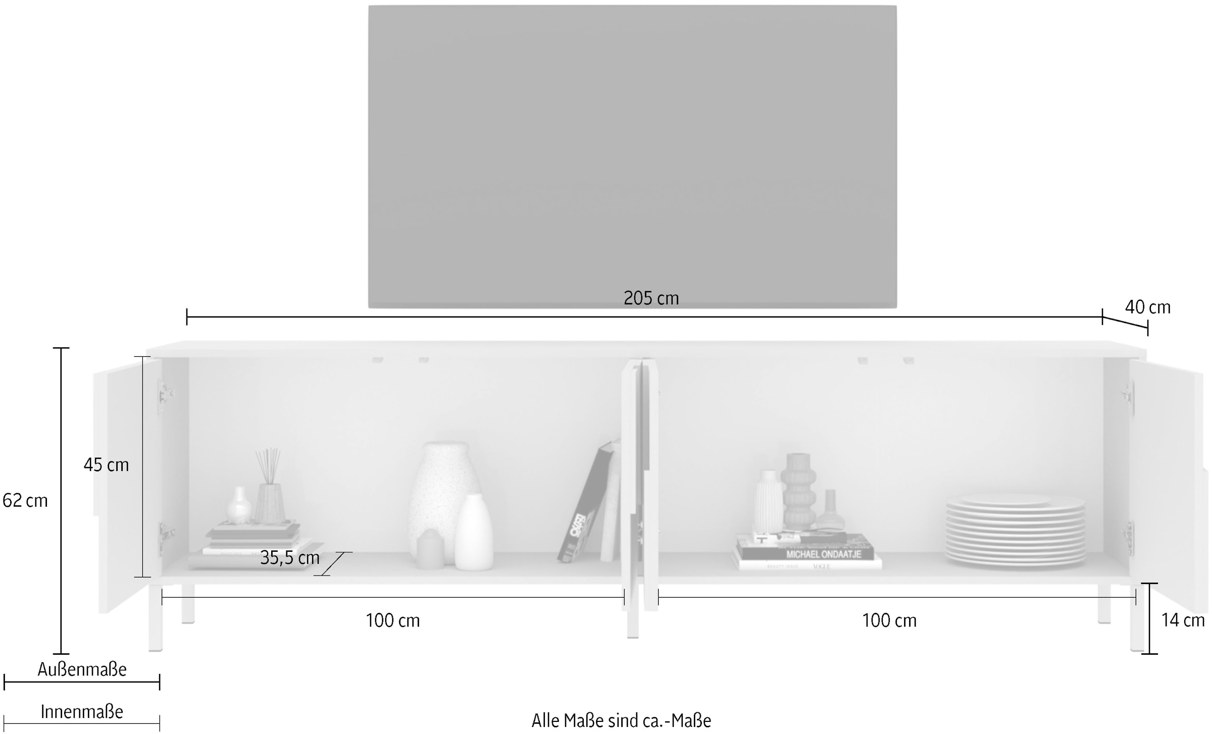 INOSIGN Table basse »Stone, 205 cm breit, 4 Türen, TV-Schrank, TV-Kommode, Medienboard« 3D-Design, Push-to-open, Innenraum grosszügig, Füsse 14/2 cm wählbar