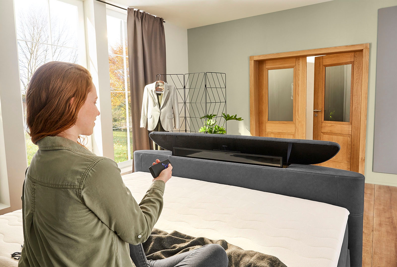 Jockenhöfer Gruppe Lit boxspring »MOVIESTAR, mit Taschenfederkernmatratze H3-H4, inkl. LED-Beleuchtung« revêtement en tissu structuré ou en microfibre au choix, 180x200cm