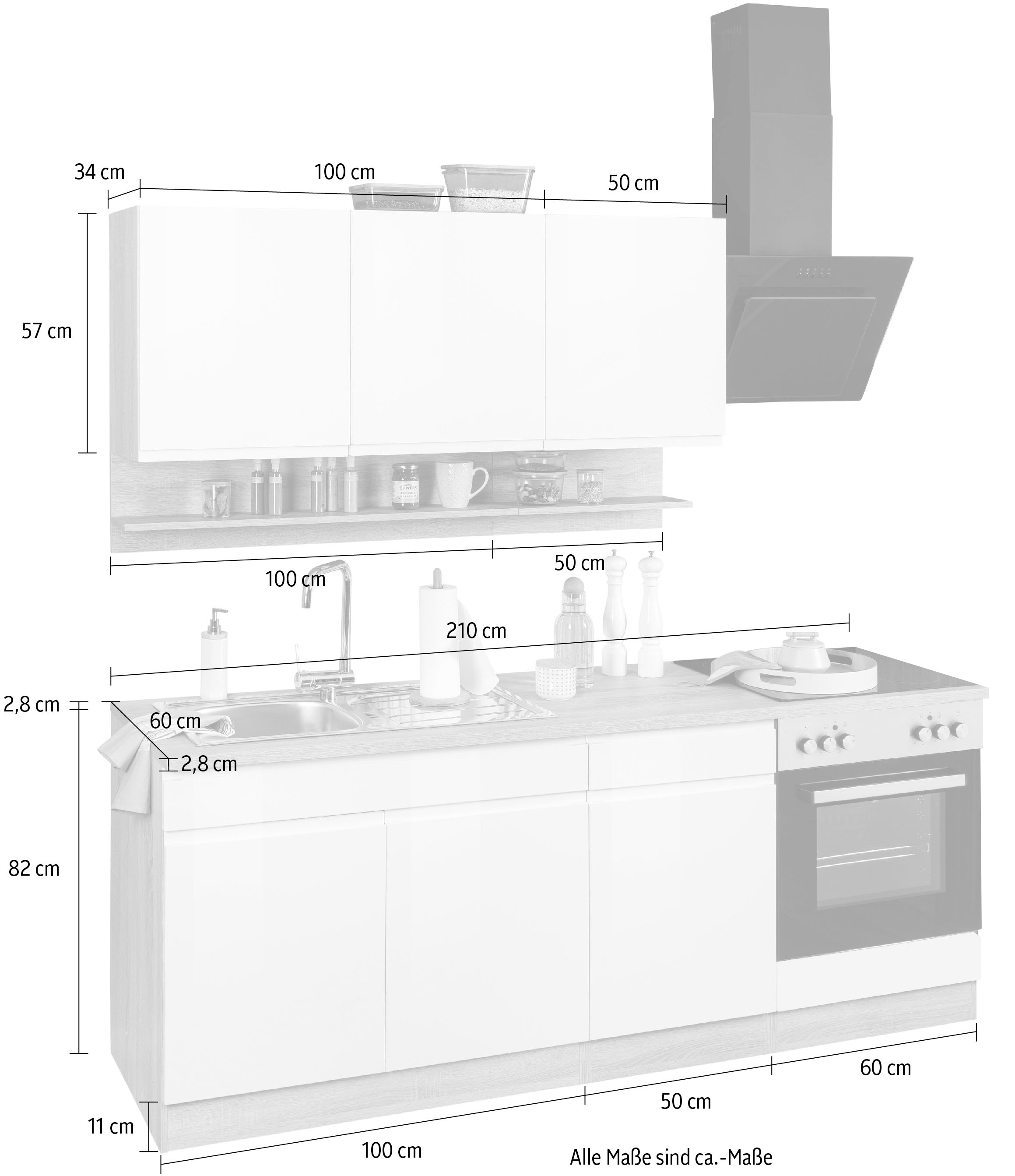 KOCHSTATION Kitchenette »KS-Virginia,neu in verbesserter Ausführung« plan de travail épaisseur 38 mm, rangement, fermeture douce,  21 : largeur 210 cm, fermeture en douceur, option avec appareils électriques
