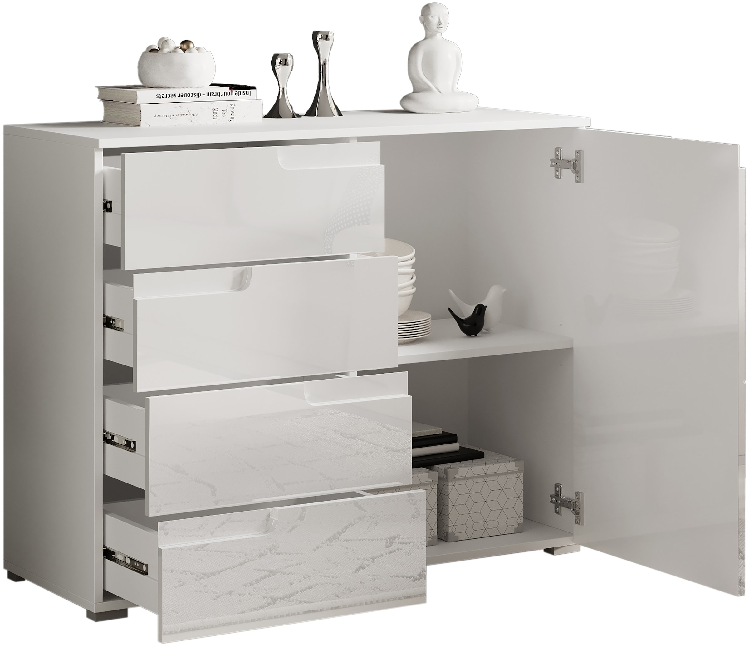 HBZ Kommode »Spice weiss hochglanz, BxHxT 100x80x40 cm« Kommode mit 1 Tür, 4 Schubkästen und 1 Einlegeboden