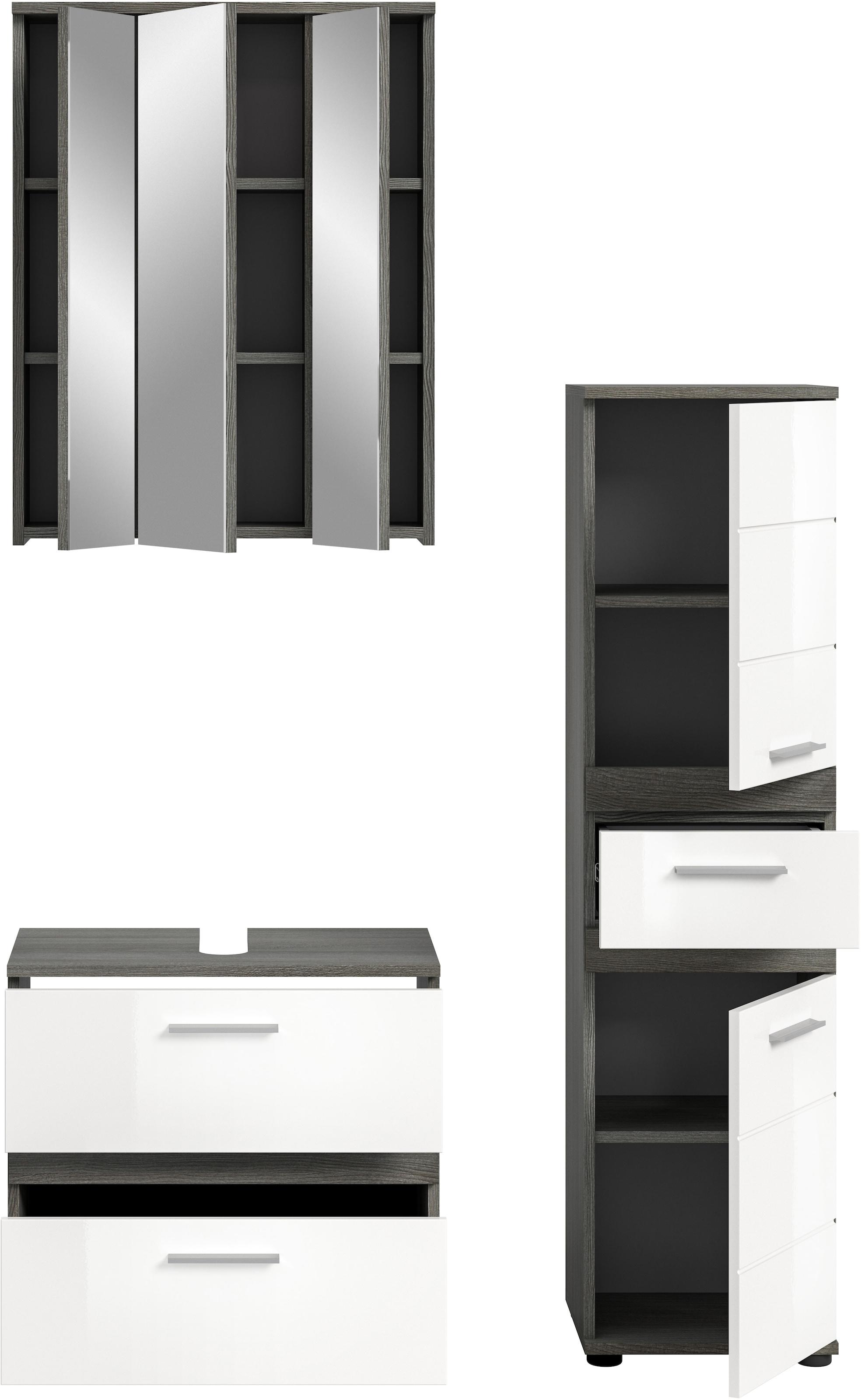 welltime Badmöbel-Set »LUCCA, 3-teilig, TOPSELLER!, hochwertige MDF Front« Set, best. aus: Waschbeckenunterschrank, Spiegelschrank, Hochschrank, 3 Stk. tlg.
