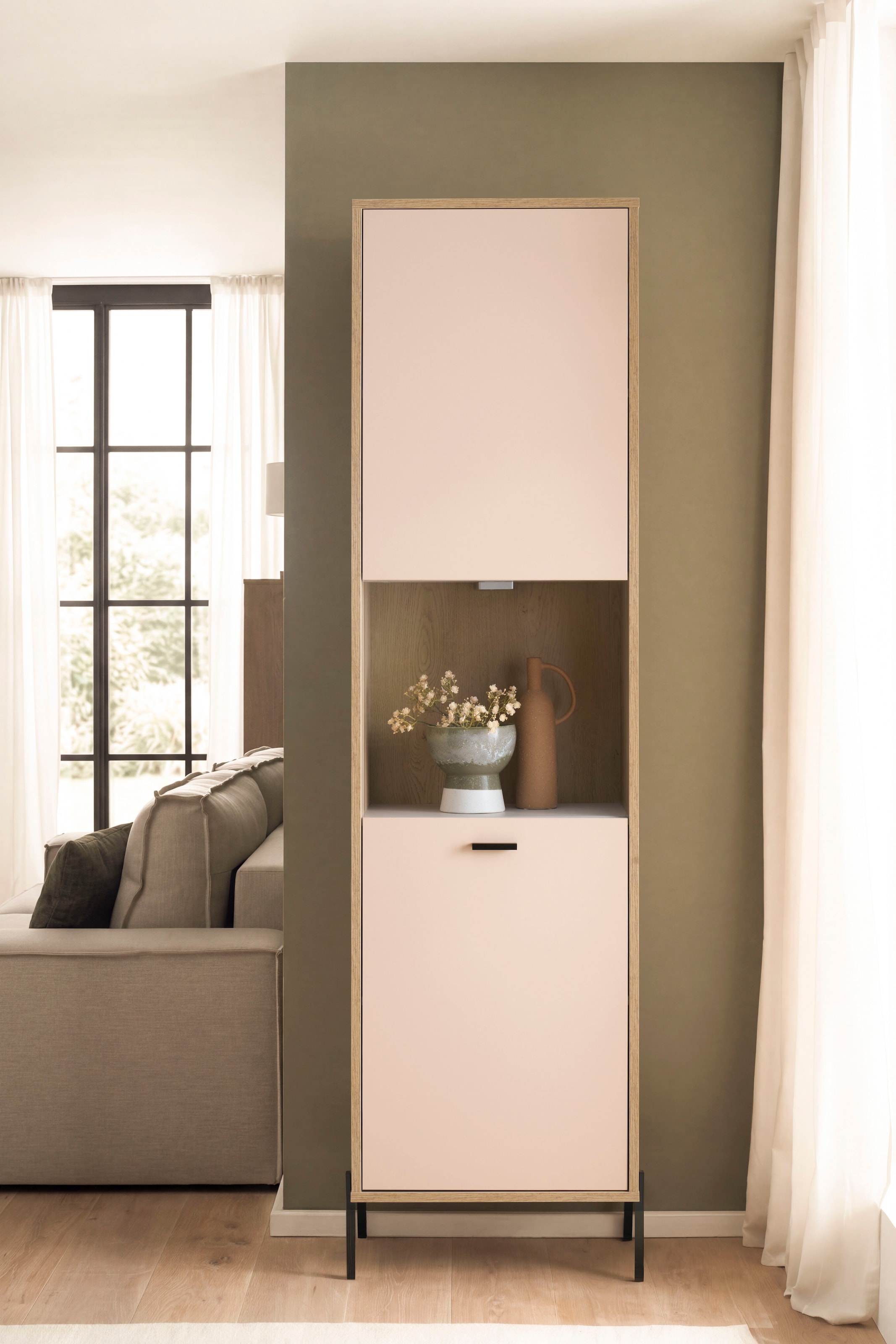 Home affaire Vitrines »Fredericia, moderner Hochschrank,Glasvitrine in Kaschmir, Standvitrine« intemporel, poignées et pieds en métal noir, espace de rangement suffisant