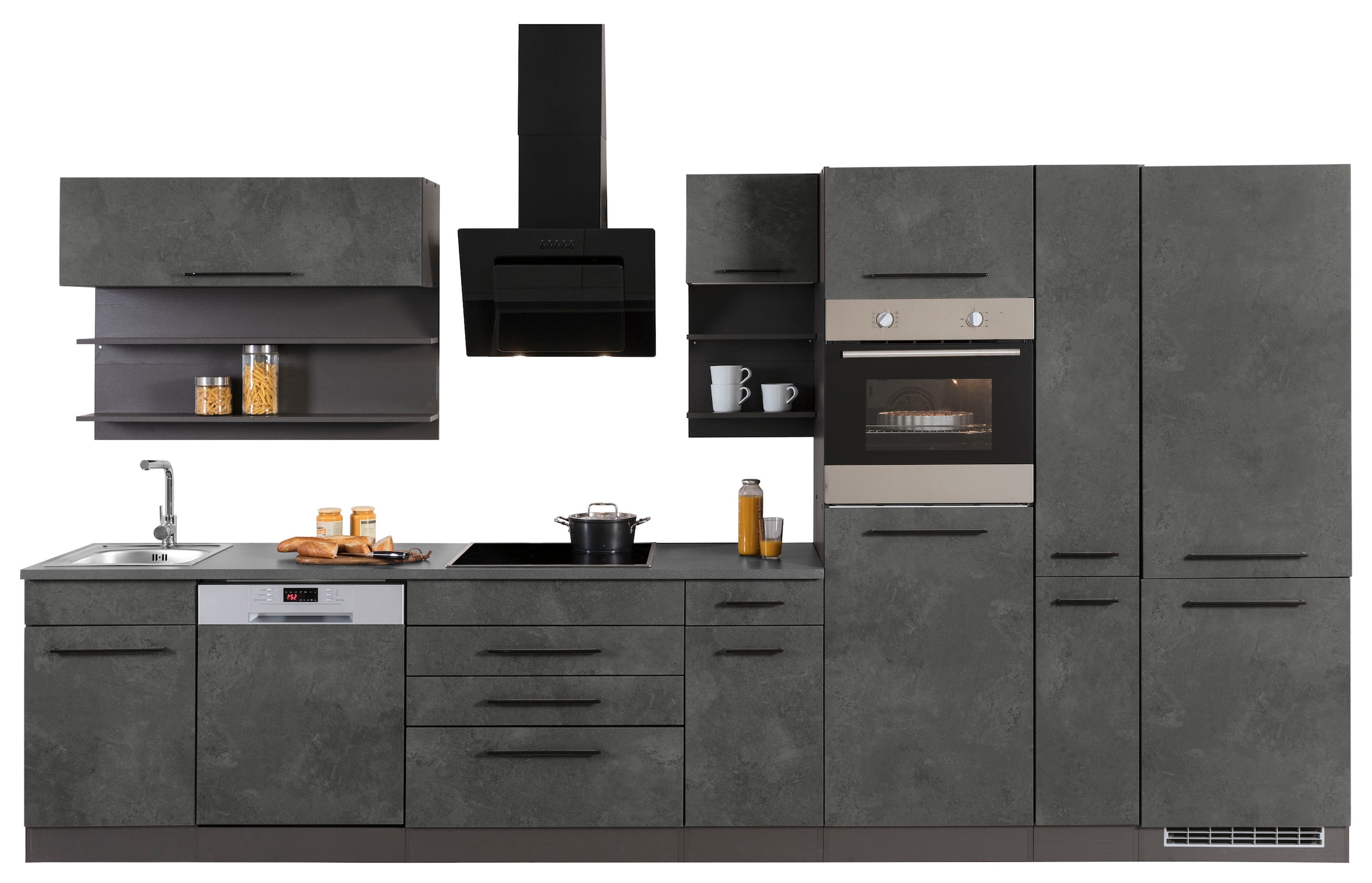 KOCHSTATION Küchenzeile »KS-Tulsa« ohne E-Geräte, Breite 380 cm, schwarze Metallgriffe, MDF Fronten