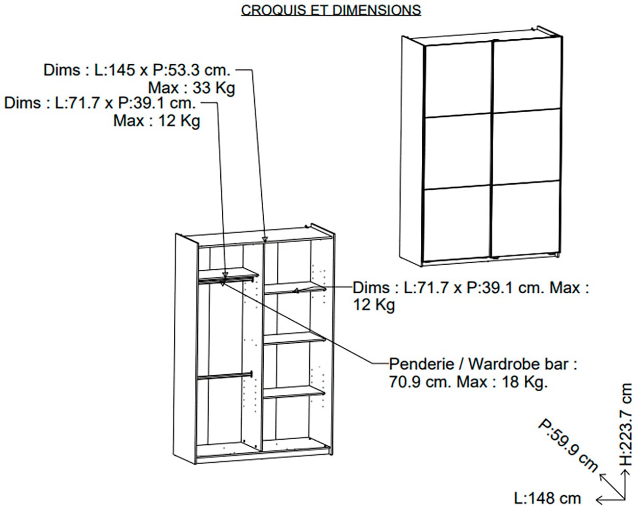 Demeyere GROUP Armoire à portes coulissantes »Alhambra« L/H/P env. 148/224/60 cm,  beaucoup d’espace de rangement, 2 tringles à vêtements en acier, nombreuses surfaces de rangement