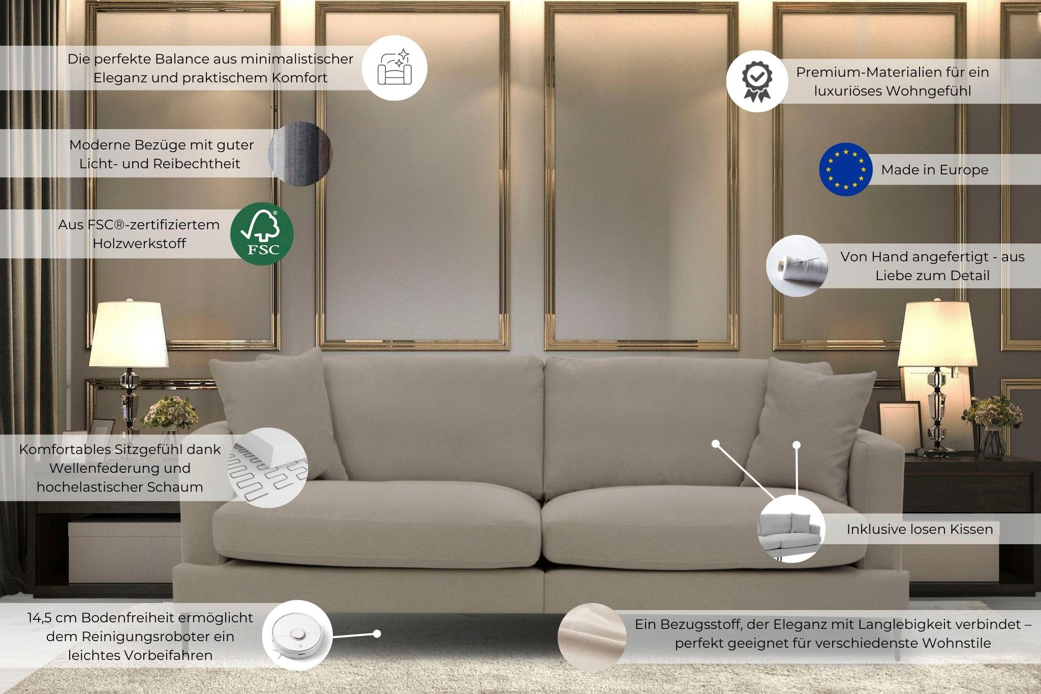 Home affaire 3-Sitzer »Cozy elegantes Designsofa, Masse B/T/H: 211/97/80 cm« mit losen Kissen und Metallbeinen