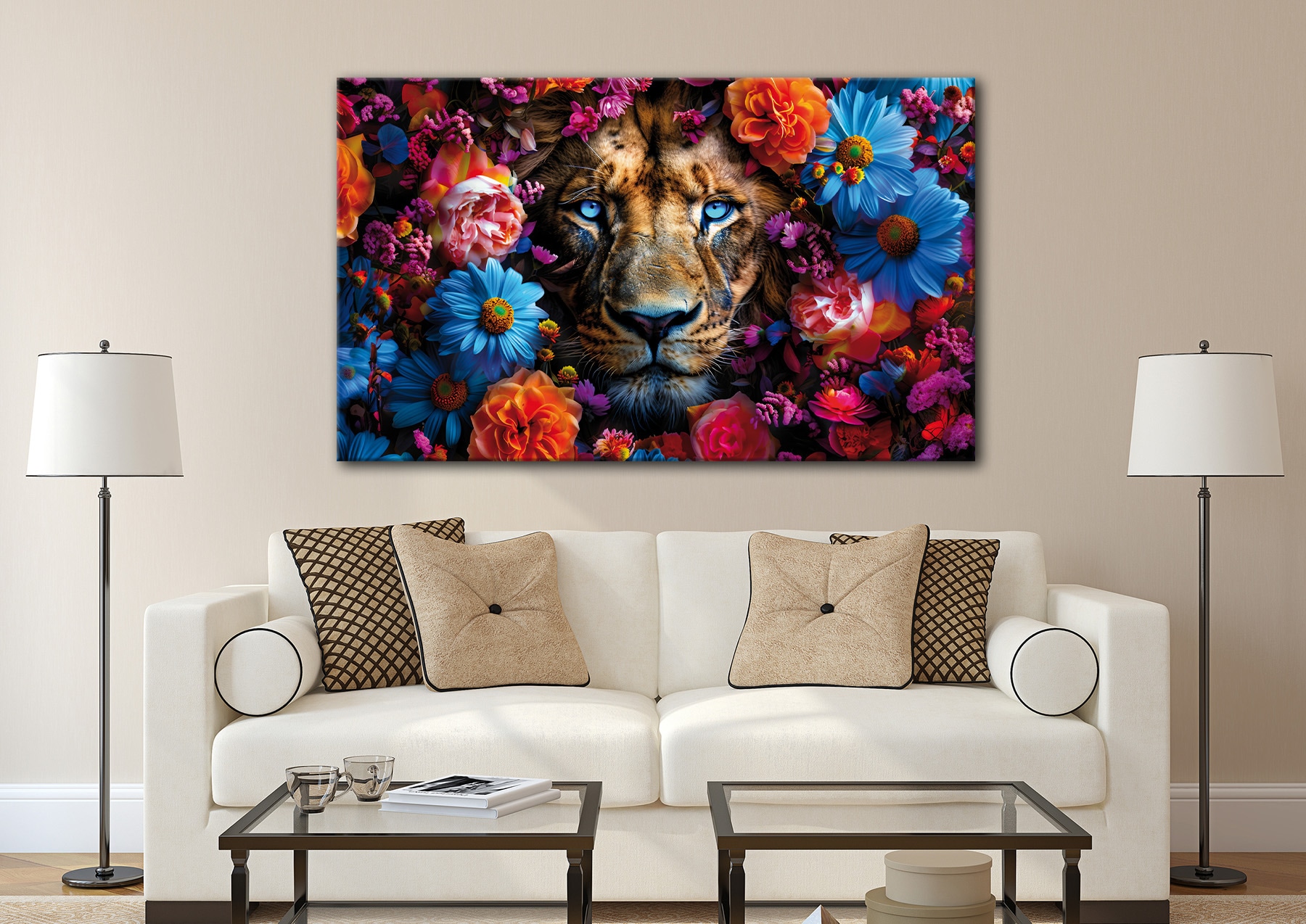 Bönninghoff Tableau sur toile »Wandbild LÖWE MIT BLUMEN XXL 90x150 cm – Leinwandbild Keilrahmen Deko« Fleurs | Félins | Tigre 1 cuis tlg. tendu sur châssis