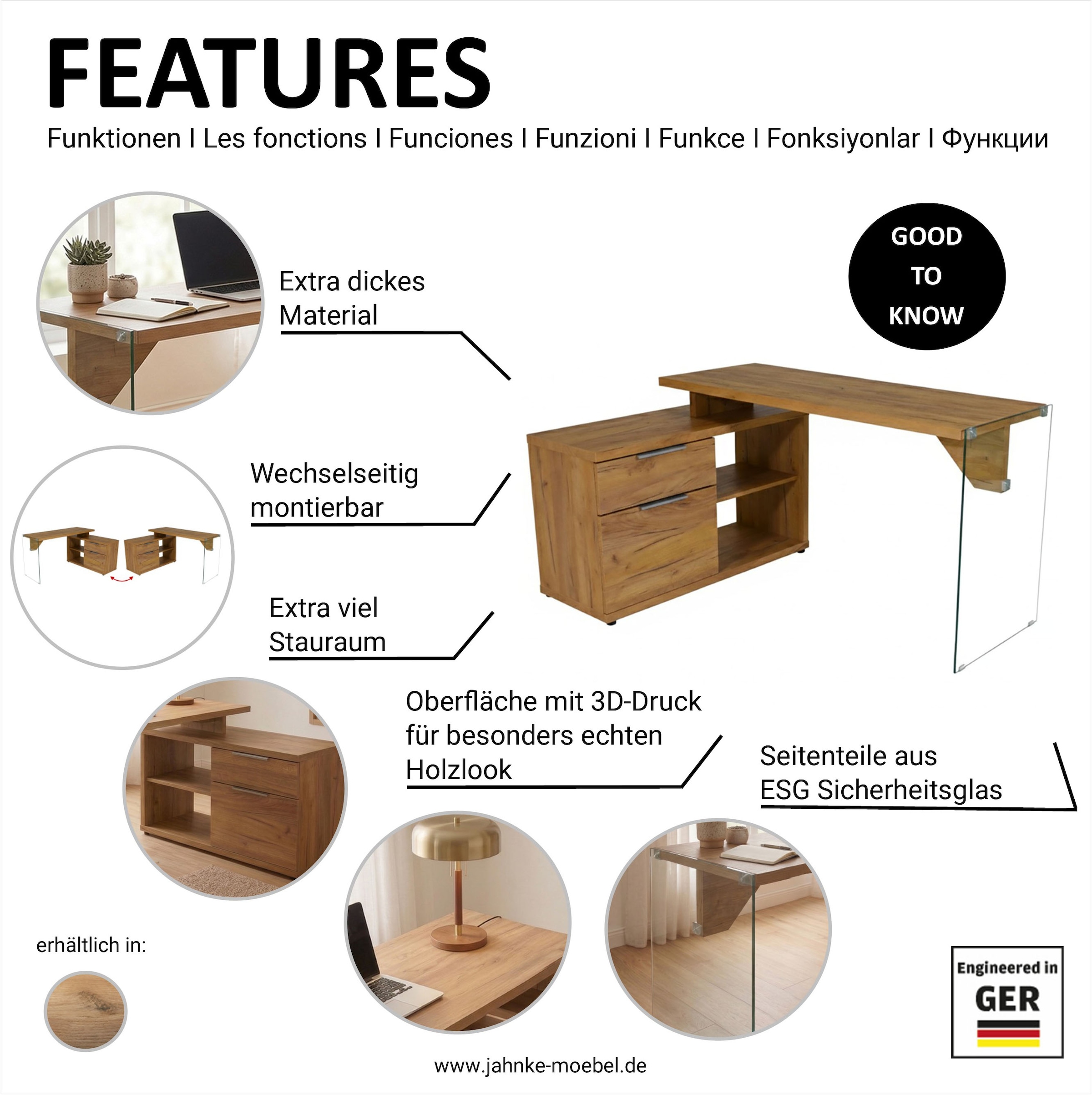 Jahnke Bureau d'angle »LUX C 135 E« bureau d'angle, montage réversible, verre, 1 tiroir et 2 compartiments