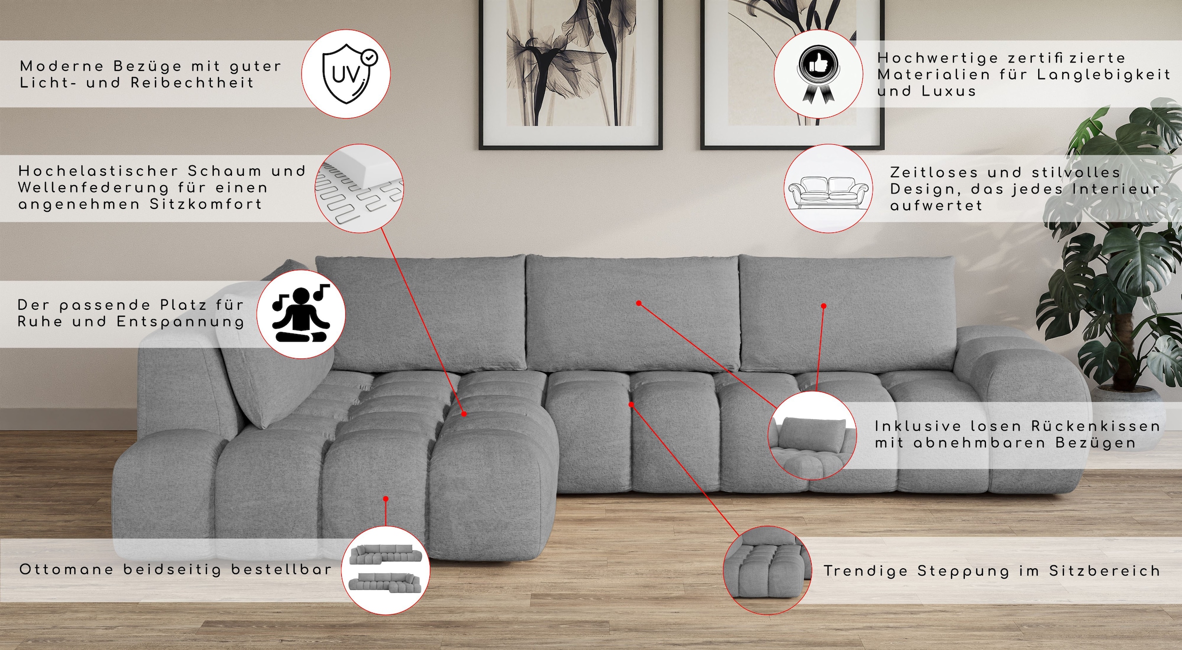 INOSIGN Ecksofa »AZITA Designsofa, elegant und bequem L-Form, Bubble-Optik« lose Rückenkissen, traumhafte Steppung, Masse B/T/H: 352/210/72 cm