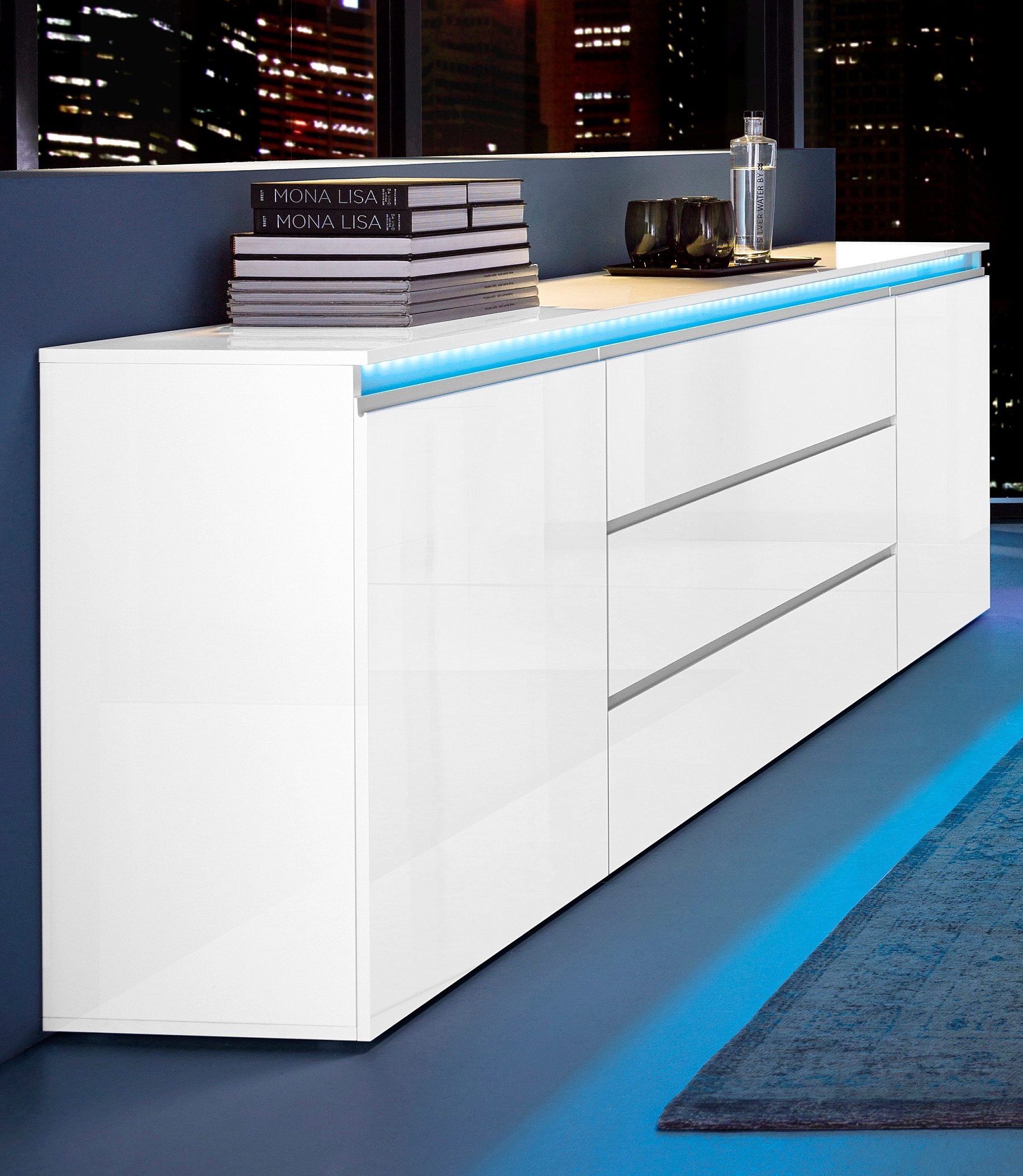 INOSIGN Sideboard »Magic, Kommode, Schrank, Stauraumschrank« mit 2 Türen und 3 Schubkästen Hochglanz lackiert (B/T/H) 240x40x80 cm